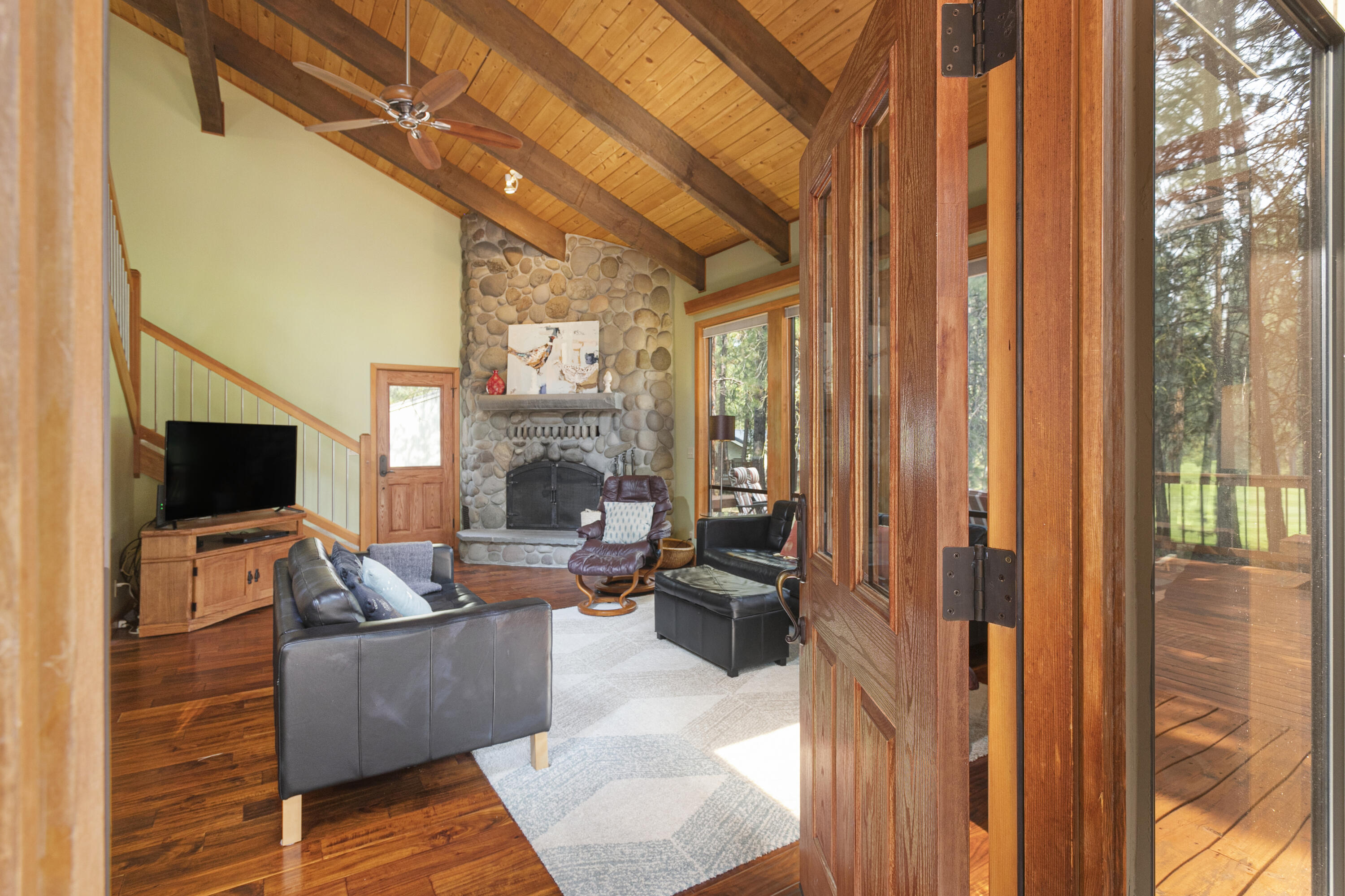 Black Butte Ranch is an amazing one of a kind location that offers a lifetime of memories.  This darling home is ideally located on the 16th fairway of the Big Meadow Course and a stones throw from the beautiful lodge pool, Lakeside Bistro & Roberts Pub.  The great room welcomes you with a massive rock fireplace, vaulted tongue & groove beamed wood ceilings and beautiful wood floors.  The kitchen has been nicely updated with granite counters & stainless appliances.  There is a bedroom and bathroom on the main level and la loft area plus two bedrooms on the second level.  An enormous deck has plenty of space to spread out and entertain while idling your days away.