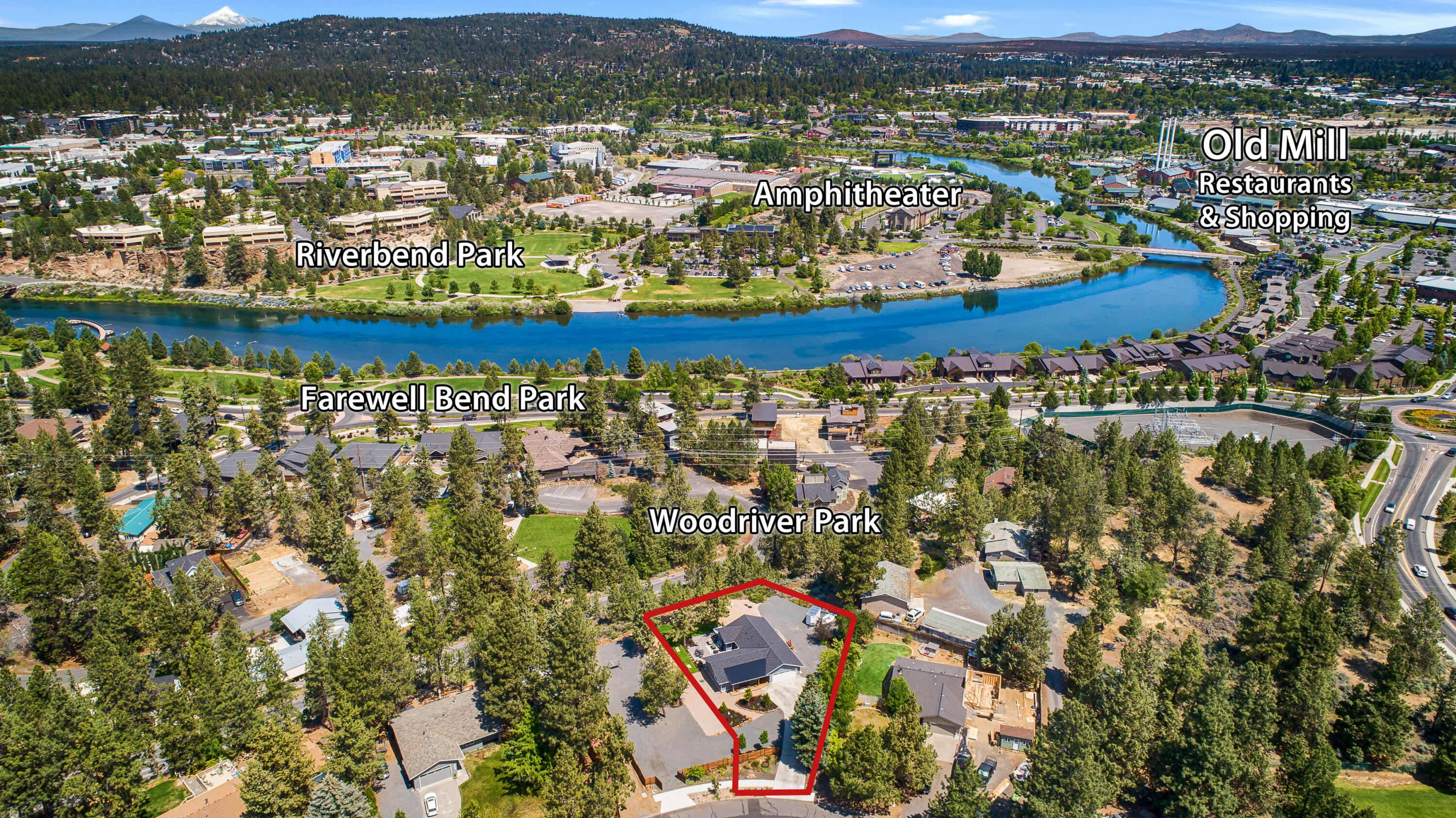 A one of a kind property perched above the Old Mill with Deschutes River, Cascade Mountain and Bend city views. No doubt, this property has the best outdoor setting and sunsets I have ever experienced in Bend. The house and property were completely gutted and updated in 2022/23. There is far too much to list, a few of the many updates include; all new kitchen and baths, new electrical and plumbing, including lighting and plumbing fixtures, all new flooring including engineered wood, tile and wool carpets, insulation in attic, crawl space, and walls, drywall throughout, interior/exterior doors, windows, trim, siding, garage door and opener, all paint, roofing, decks and patios, landscaping, fencing, concrete driveway, the list goes on and on...Its basically a new house. Located on a private and quiet street, yet only a few short steps to parks, shopping, restaurants and the Deschutes River trail. Flat .34 acre lot with huge RV/Boat parking area, fully fenced, gated and no HOA or dues.