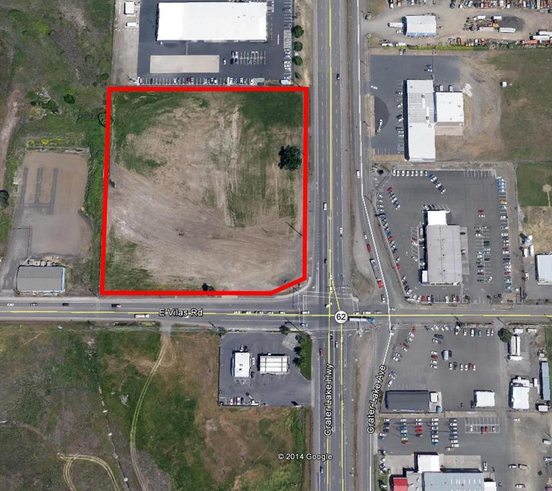 High traffic and visibility property at the intersection of Crater Lake Highway & East Vilas Road! Approximately 6.5 acres with unobstructed visibility and high traffic counts. Zoned Heavy Commercial and well suited for a wide variety of commercial and retail uses. Owner will also consider a partition for qualified buyers.