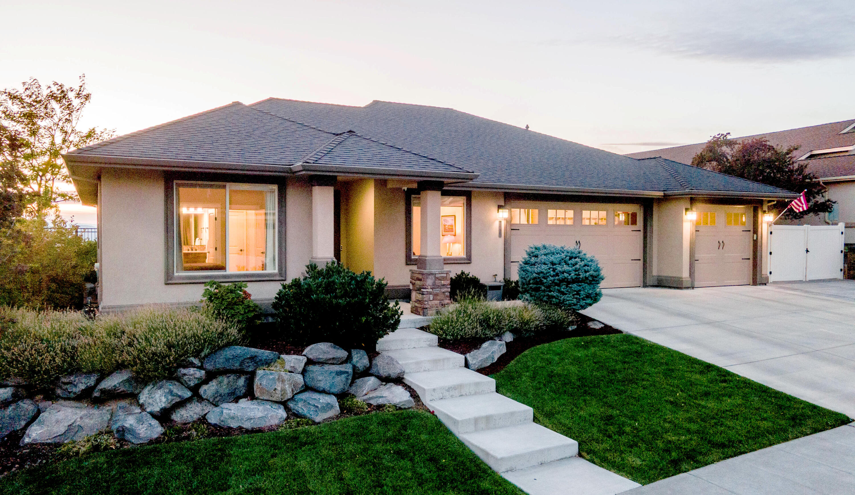 Amazing home! Contemporary style featuring open floor plan located in the prestigious SKYRIDGE SUBDIVISION.   The architecture frames the dramatic unencumbered views of the basin lights and Mt. Shasta.  There is a gate secured area for your large RV/boat and right behind is a standalone hobby shop\storage. The three-car garage floor is finished with Epoxy.  The home is well fenced.  As you begin your journey of this really outstanding home, you will be amazed at the view offered upon entrance and the beauty of the upscale finish work throughout seldom seen in this price range.  Some ceilings are coffered; some with lighting.  The wood floors are very color rich throughout.  You will note the (Two) primary suites one on each side of home.  The larger primary is quite large.  The computer room offers a serene setting with natural light flowing in.  This room could also be used for your 4th bedroom.  Did I mention the truly outstanding fireplace to keep you warm on chilly evenings.