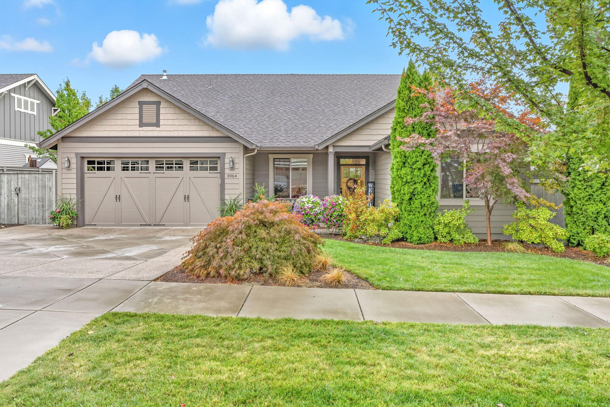 Sold Only.  Elegant, single-level craftsman style home located in the desirable Summerfield neighborhood of East Medford. Built in 2016 and thoughtfully laid out, this home features open, vaulted ceilings and a bright, functional floorplan. It has light hardwood floors throughout main living areas, a large, modern kitchen with quartz countertops and ample cabinet space.  Tile in baths and laundry room, quality finishes, a dedicated office or flex space, two-car attached garage, and is Earth Advantage Certified.