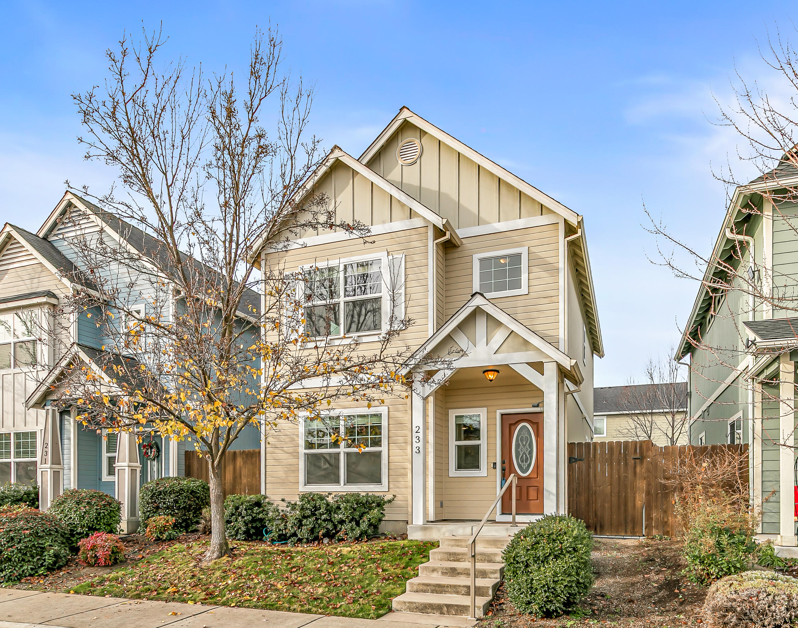 What a value price for this 1460 SF  3-bedroom 2.5 bath home in the quiet and conveniently located Clearview neighborhood of Talent. The home has all you need at an affordable price; upstairs bedroom with a vaulted primary with a large en-suite bathroom, and downstairs kitchen, office, living, and dining rooms. The open floor plan and large kitchen make it easy to cook and entertain while chatting with guests at the granite countertop bar. Nice extra features like a walk-in pantry, laundry room, and a covered walkway to a detached 2-car garage make this a real gem. A reasonable $104/ month HOA covers exterior landscaping in the front yards, which keeps the neighborhood looking sharp year-round.