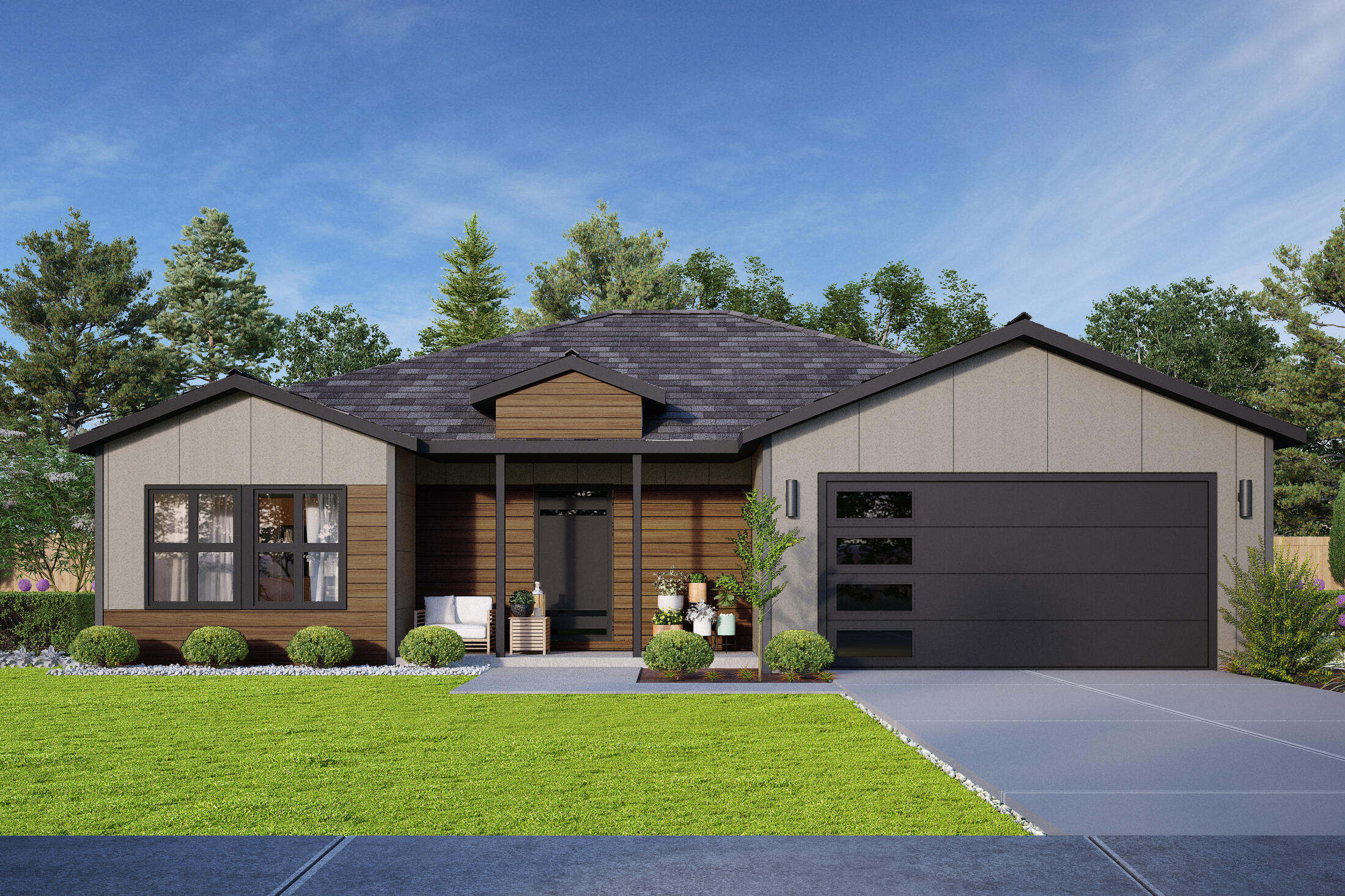 Est. to be completed by March of 2022. Quality craftsmanship and attention to detail with room to entertain! The large entry to this 3B/2.5B + office Kammerzell built opens to a spacious floor plan with 9' ceilings, laminate flooring throughout and Black Anderson windows. The marvelous kitchen includes a center island and stone countertops, a full-sized farm front kitchen sink, gas range/oven combo with hood, a dishwasher, and a sizable pantry. The master bedroom has dual walk-in closets, tile shower and a free-standing soaker tub. The finished 2 car garage is wired for an electric car charging port. Front & back yards are landscaped with grass & bark. New construction, amenities and specs may change without notice. HOA Dues are $88/Qtr. *Rendering is for house style and colors only. It does not represent landscape detail.