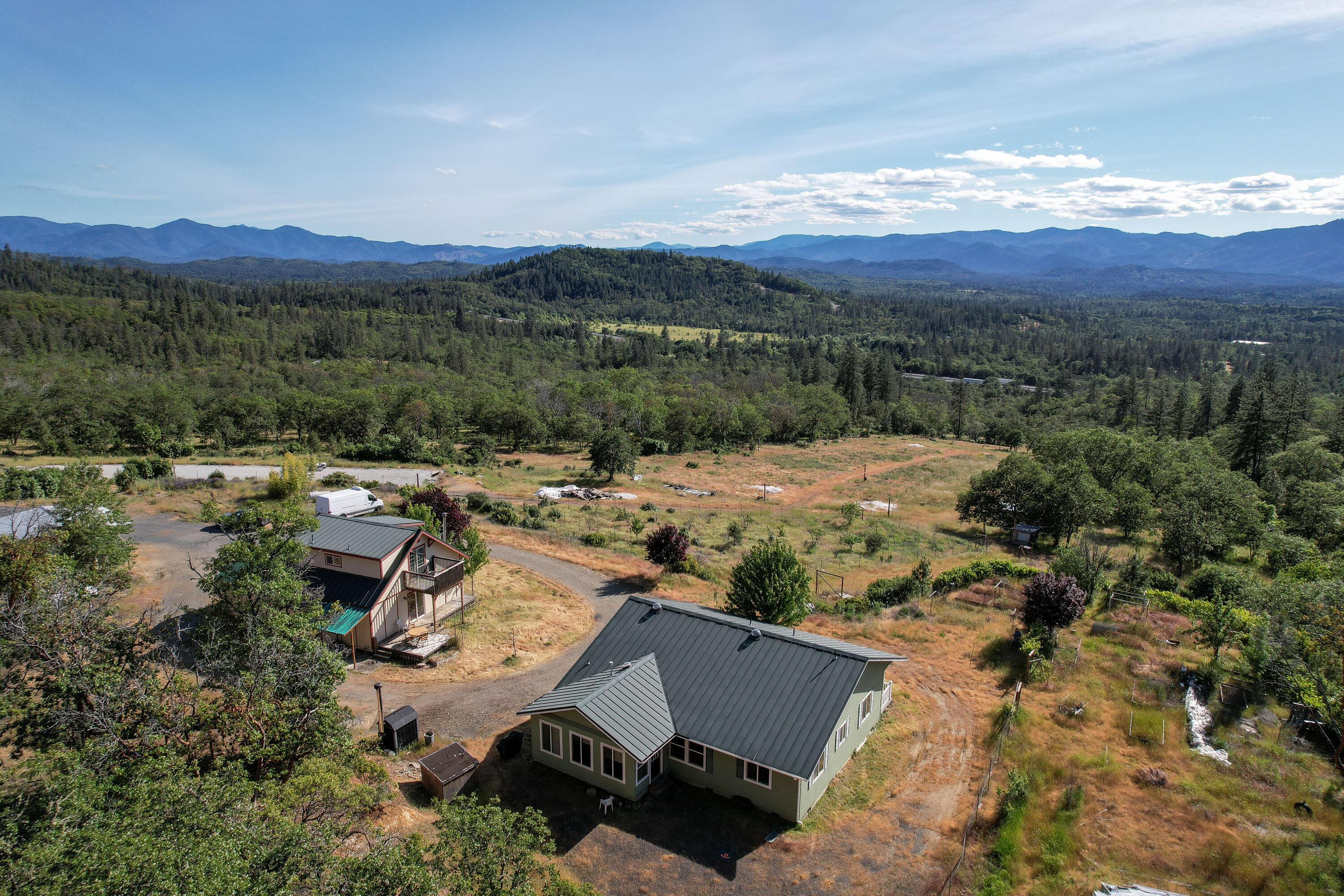 Discover the perfect blend of privacy, sustainability, and opportunity on this peaceful 80-acre off-grid property, just 10 minutes from town! Featuring two homes, this unique estate is ideal for multi-generational living, income potential, or future development. Live sustainably with propane heating and cooking, plus a wood-fired boiler providing radiant floor heating. Both homes are fully independent and designed for comfort and efficiency and are generator ready. Zoned for both commercial and residential use, this property offers incredible development potential, including the ability to subdivide into multiple tax lots for future residential expansion. With breathtaking valley and sky views, endless stargazing opportunities, and a prime location near town, this is a rare opportunity to create your own homestead, prepper retreat, or investment property.  Embrace the freedom of off-grid living while staying close to modern conveniences, this property is truly a one-of-a-kind find!