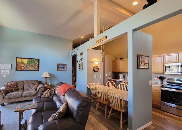 This Updated Powder Village Condo is one of largest of all the units with one of the best views from both of its private decks.  Powder Village is easy access to Sunriver Resort, Sunriver Business Park and the Deschutes River and all Central Oregon has to offer  This upstairs unit boasts an open floor plan, vaulted ceilings throughout, 2 bedrooms, 2 baths and a loft that is currently being used as a third bedroom. Updates include new stainless-steel appliances, high end carpeting, laminated wood flooring, interior and exterior paint, roof, Trek decking, along with living room furnishings and bedding.  There are two decks, enjoyable views of the amenities and tall Ponderosa trees. Powder Village includes water, sewer, garbage, snow removal, pool and hot tub maintenance. Car Charging Station located in the parking lot. Home sold fully furnished with in unit washer and dryer.  Vacation rental income history and proections available upon request.