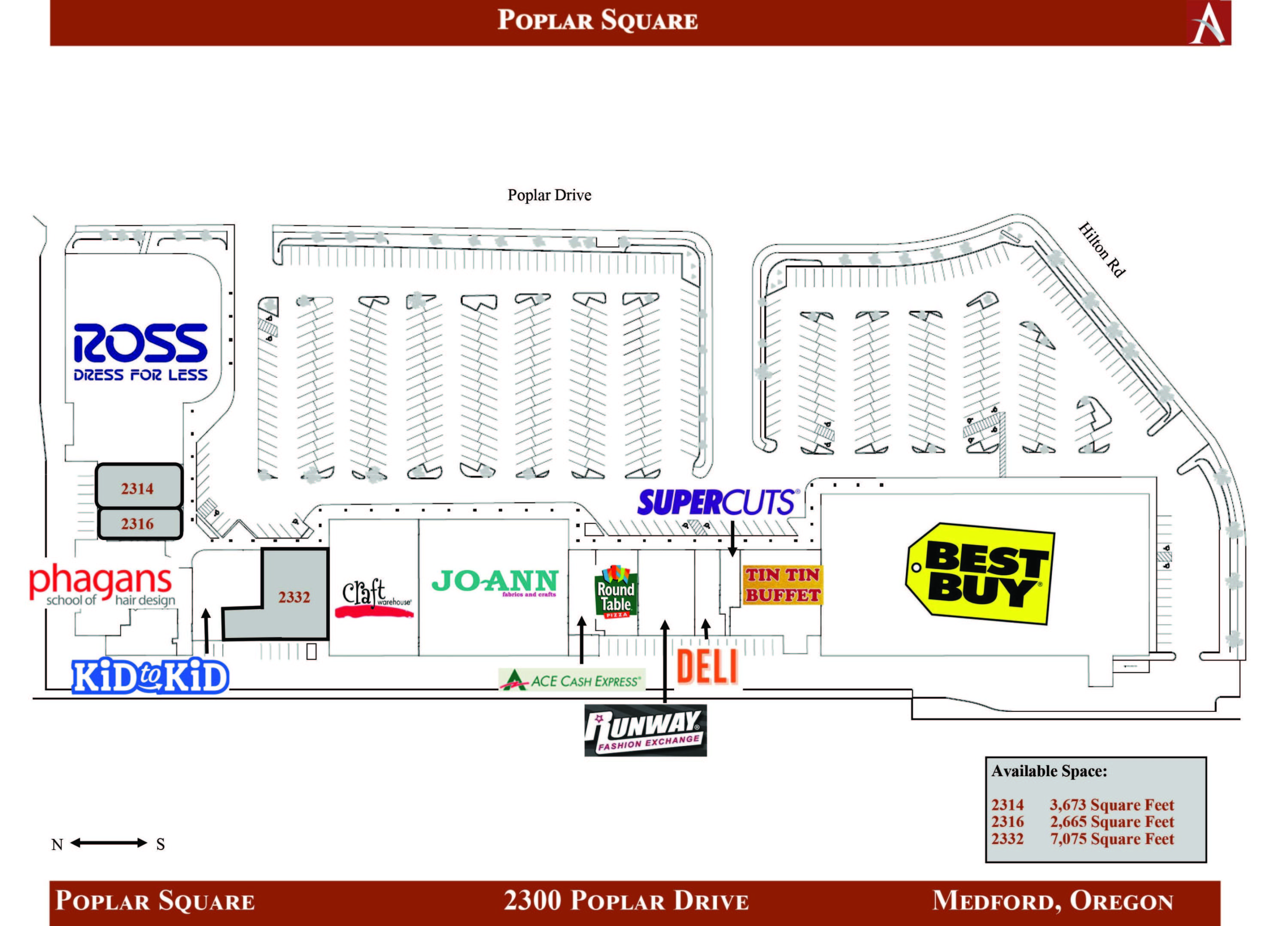 Various spaces available at the Poplar Square in Medford, Oregon.  Catherines will be vacating soon and currently occupies 3,763sf.  There is a 2,665sf space available adjacent to Catherines and the two could be combined for a total of 6,338sf.  Rent concessions are negotiable and the Owner is willing to consider improvements for well qualified tenants.  Call listing Broker for further details.  Poplar Square is a quality retail center which includes a total of approximately 10.91 acres and 162,647sf of retail development.  Poplar Square is located across from Fred Meyer and in close proximity to Hwy 62 as well as the North Medford Interchange.
