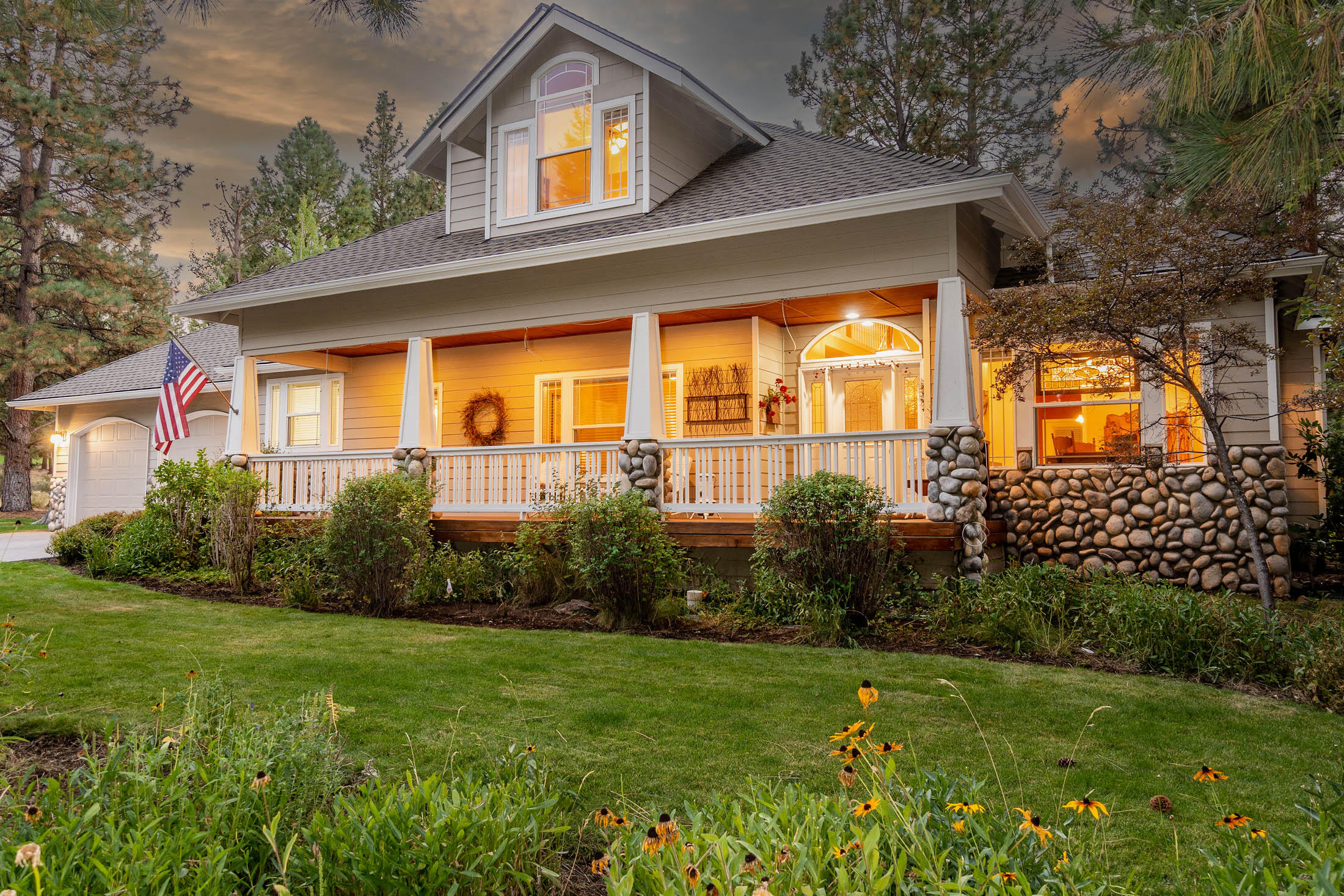 Live the dream in Awbrey Glen, Bend's premiere gated golf community.  Home is situated on the 8th green with wonderful views.  Inviting expansive front porch with drip system for your hanging flower baskets in the Spring.  Great room has fireplace with custom mantle, gleaming hardwood floors, surround sound and open to spacious kitchen and eating area overlooking the expansive back deck.  Primary bedroom is downstairs with views of the golf course, walk-in closet, dual vanities, soaking tub, separate shower and door leading to back deck.  2nd bedroom is downstairs currently used as an office with full bath.  Upstairs you'll find 2 guest suites opposite of each other allowing complete privacy, plus tons of storage.  Extra deep 2 car garage with newly pavered driveway,  Newer Roof, Central Air and much much more!