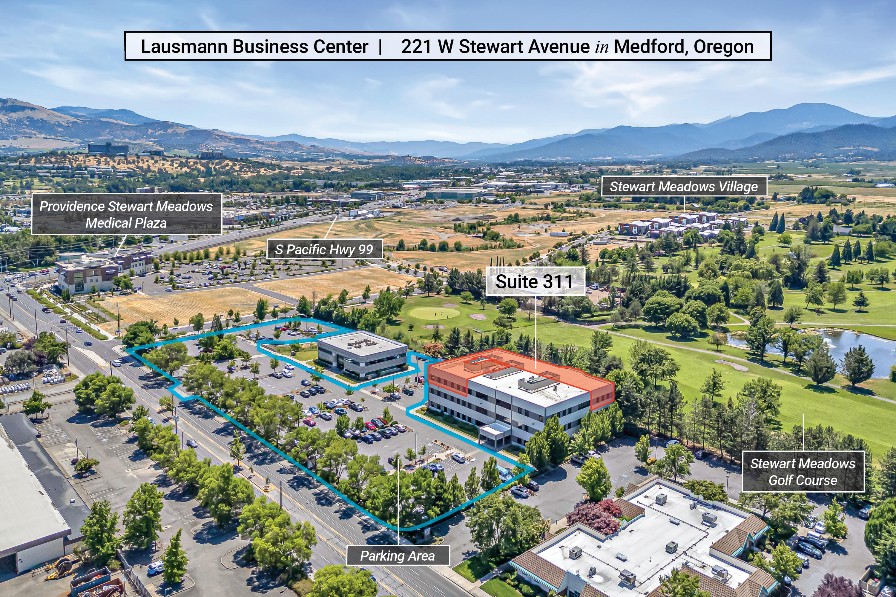 Versatile third-floor offices available in the Lausmann Business Center near expanding commercial and residential developments of SW Medford. Suite 311 is currently configured with 20 private offices, two large shared workspaces, lobby reception area, front conference room with AV system, annex, and central workstation with built-ins. Abundant natural light and views of Roxy Ann Peak, Table Rocks, and Stewart Meadows Golf Course. Elevator or stairs from ground-level to common area landing, corridor, restrooms, utility, and janitorial area shared with Moss Adams accounting firm. Established mix of professional services, legal, medical, and government offices. Flexible build-to-suit tenant improvements available with lease terms starting at $1.75 per SqFt per month. High-traffic corridor of W Stewart Avenue and S Pacific Highway 99 within a quarter-mile of Providence Stewart Meadows Medical Plaza, Fichtner-Mainwaring Park, and Stewart Meadows Village. Inquire for details!