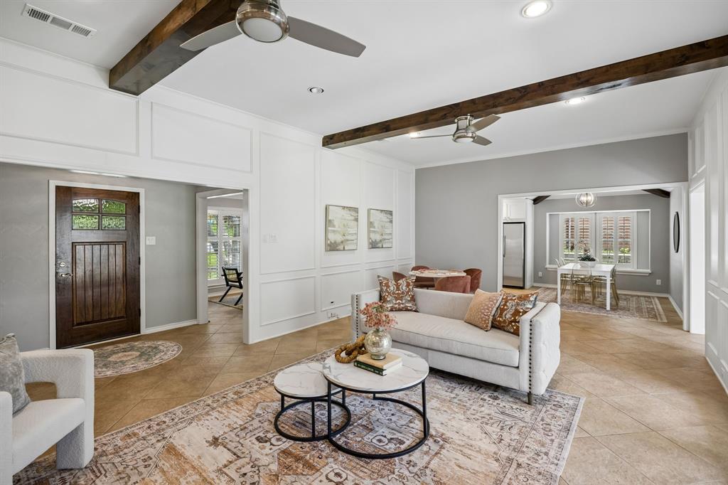 TENANTS HAVE MOVED OUT AND NEWLY STAGED. Tucked on a quiet cul-de-sac in the heart of Merriman Park and just a short walk to highly sought-after Merriman Park Elementary, this thoughtfully updated home offers both space and flexibility in one of Lake Highlands’ most beloved neighborhoods. Inside, you’ll find a light-filled layout anchored by a beautifully updated kitchen featuring quartz countertops, a farmhouse sink, stainless steel appliances, and a 6-burner gas cooktop, perfect for everyday living and entertaining alike. Multiple living areas provide versatility for a home office, playroom, or formal dining, while the spacious main living room showcases exposed beams and a cozy fireplace. The private fourth bedroom with ensuite bath creates an ideal guest suite or multigenerational setup. A generously sized mudroom adds everyday functionality and organization and can be used as a small office or workout space. The primary suite is a true retreat with dual-sink vanity, marble finishes, and separate his and hers closets. Throughout the main living spaces, durable travertine flooring offers timeless appeal and low-maintenance living, ideal for busy households. This home blends classic design with modern updates, all in an unbeatable location close to parks, White Rock Lake, shopping, and dining. A rare opportunity to get into Merriman Park at an exceptional value.