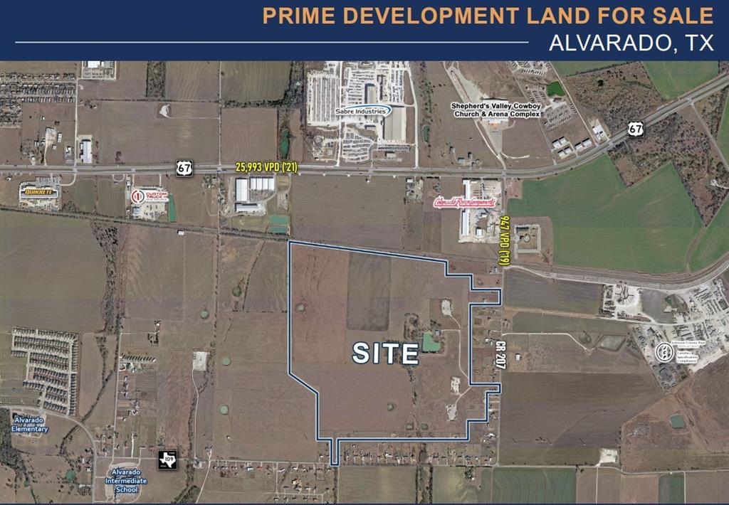 Alvarado, TX ±243ac: 

-Size: 243.634 acres

-Zoning: AG-Vacant ETJ Land (A portion of the tract lies within Alvarado ETJ & another portion lies within the Venus ETJ)

-Utilities: 900ft well (12 inch diameter producing 25 GPM- State well #109509) on the property, Water (8 inch water line on the East side of the property & on the South side of the tract), and Electricity available - Sewer in proximity 

-Rail access

-Oil Gas lease- we have an agreed upon Surface rights agreement

-Close proximity to HWY 67 with great ingress & egress


Please reach out for all information & marketing materials