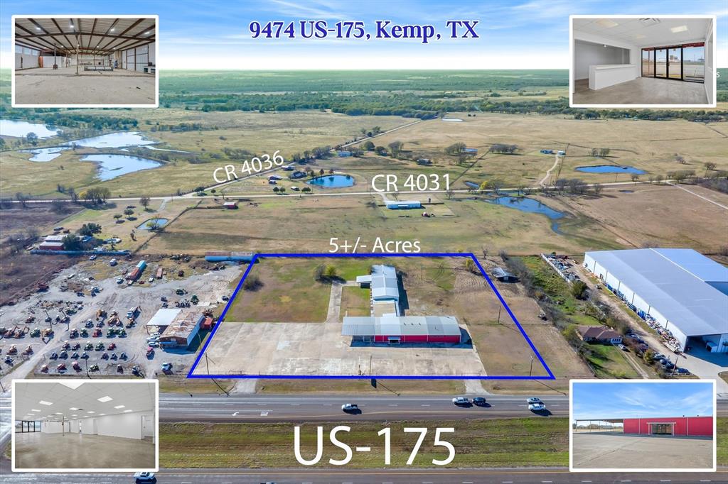 Prime commercial office and industrial opportunity with frontage on US 175 in Kemp, Texas, offering exceptional visibility, strong traffic exposure, and versatile functionality for owner users or investors. Located outside city limits with no known restrictions, this property provides flexibility rarely found along a major East Texas corridor. According to TXDOT, the average daily traffic count of 22,352 vehicles, delivering consistent exposure and long term value. The property sits on a spacious tract featuring over an acre of concrete parking and yard space, ideal for vehicle, RV, or trailer storage, fleet parking, customer access, or outdoor staging. A functional layout with dual entrances allows efficient ingress and egress for employees, customers, deliveries, and equipment. Interior improvements include updated office and showroom areas with fresh paint, modern lighting, a reception area, multiple private offices, restrooms, and flexible open workspace adaptable for professional, retail, or administrative use. The layout supports a range of business configurations including office headquarters or customer facing operations. The rear warehouse offers substantial industrial capability with wide open floor space, tall clear spans, and multiple oversized roll up doors suitable for equipment storage, fabrication, distribution, or light manufacturing. Additional interior rooms provide potential for breakrooms, offices, or specialized work areas. With prime highway frontage, high traffic count, extensive parking, large yard space, and adaptable improvements, this property is well suited for industrial trades, service based businesses, logistics, manufacturing, retail with warehouse support, or long term commercial investment. Opportunities with this level of exposure and infrastructure are increasingly rare. Whether you’re growing a company or looking for a strategic commercial site with major highway exposure, this one checks all the boxes.