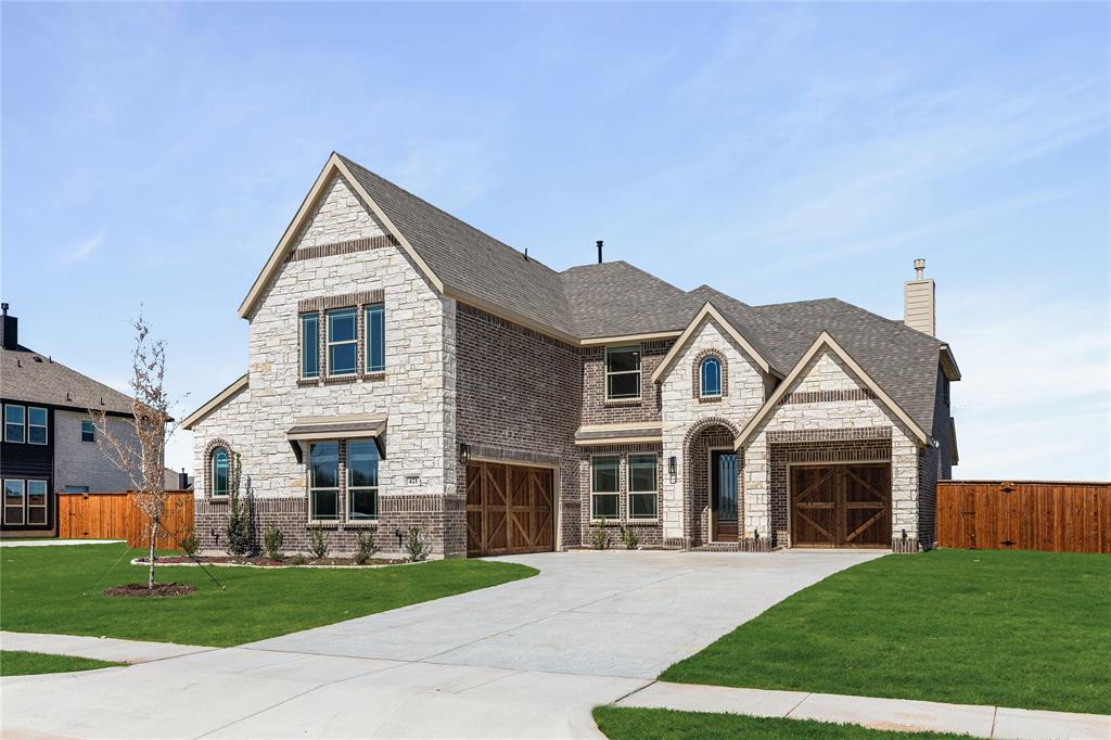 NEW! NEVER LIVED IN. Ready Now! Bloomfield Homes presents the Spring Cress II, a two-story hosting 4 bedrooms and 2.5 baths with a distinctive 3-car garage configuration that includes a mini garage - set on a HALF ACRE greenbelt lot! The handsome exterior has architectural appeal and combines Elderwood brick with Austin saw-cut stone accented by brick, buff mortar, and stained wood touchpoints including the garage doors and custom 8' front door. More 8' interior doors continue inside, only further enhancing the tall ceilings! Wood-look tile goes from front to back in the downstairs primary spaces, while glass French doors define the Study without closing it off. The Family Room's dramatic stone-to-ceiling fireplace adds texture in the central gathering area - even has gas logs and a direct vent! Stained and glazed cabinetry is paired with upgraded White Ice quartz countertops in the Deluxe Kitchen, along with a farmhouse sink, upgraded kitchen faucet, herringbone-pattern backsplash, and pendant lighting over the island. Upgraded stainless steel appliances sit flush and allow for more cabinet storage, too! The Primary Suite on the main level features more wood-look tile flooring, an enlarged shower with upgraded tile, more quartz surfaces, and a generously sized walk-in closet. Also downstairs, a dedicated Media Room adds flexibility without disrupting the central living spaces. Upstairs, the layout expands to 3 secondary bedrooms with walk-in closets, 2 full baths finished with tile surrounds, a large Game Room, and a second Media Room! Practical upgrades include 2-inch faux blinds throughout, a gas line at the covered rear patio, low-E windows, and a tankless water heater, all reinforcing the home’s thoughtful build quality. Visit the Bloomfield Homes model at Glenbrook to learn more about this dream home!