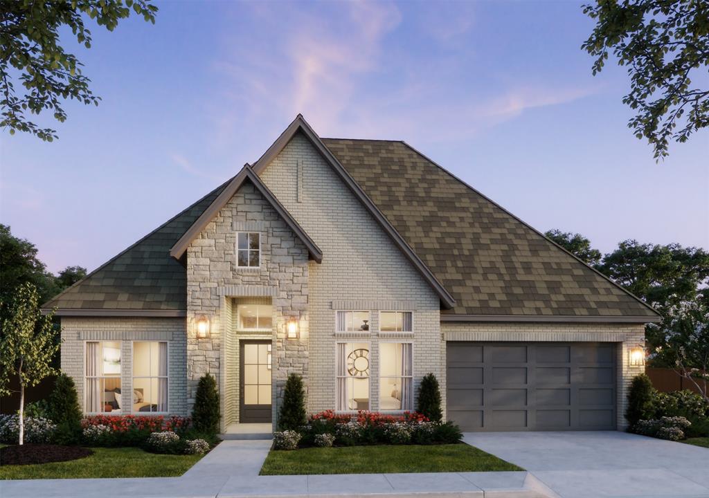 SOUTHGATE HOMES CONNOR floor plan.  Welcome to a residence that captures the essence of modern sophistication with the timeless elegance of a French chateau. Striking stone exterior creates a memorable first impression, setting the tone for the refined design found throughout the home. Step inside to an inviting interior where natural finishes and tranquil hues blend seamlessly to create a warm yet elevated atmosphere. Thoughtfully positioned on either side of the entry, two beautifully appointed guest bedrooms offer privacy and comfort, each complemented by elegant bath details and designer touches. As you move into the heart of the home, your gaze is immediately drawn upward to the impressive cathedral ceiling, where statement lighting enhances the scale and beauty of the space. Designed with both everyday living and exceptional entertaining in mind, the chef’s kitchen is a true centerpiece, featuring upgraded GE Café appliances and a seamless architectural flow that invites gathering and connection. In the living area, a cast stone fireplace anchors the room with warmth and character. From lively game-day celebrations in the media room to effortless indoor-outdoor entertaining with expansive sliding doors. Work from home will feel inspired in your generous home study overlooking the back yard. Primary suite offers a private retreat of remarkable comfort, complete with a spacious bedroom and a spa-inspired bath featuring a dramatic double walk-in shower and a freestanding statement tub.