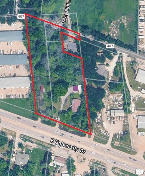 Three parcels with a total acreage of 2.861 acres.  Presently, the owner lives on the property in a mobile home.  Property best use is commercial and has commercial business on both the west and east sides.  Property is located on 380 or University and this forms the southern boundary.  Property continues north and CR 407 forms the northern boundary.  Property is further described as Collin CAD Property IDs 1068089, 1068123 and 1171449.  Excellent site for commercial building especially for those that can benefit from two major entrances into the property.