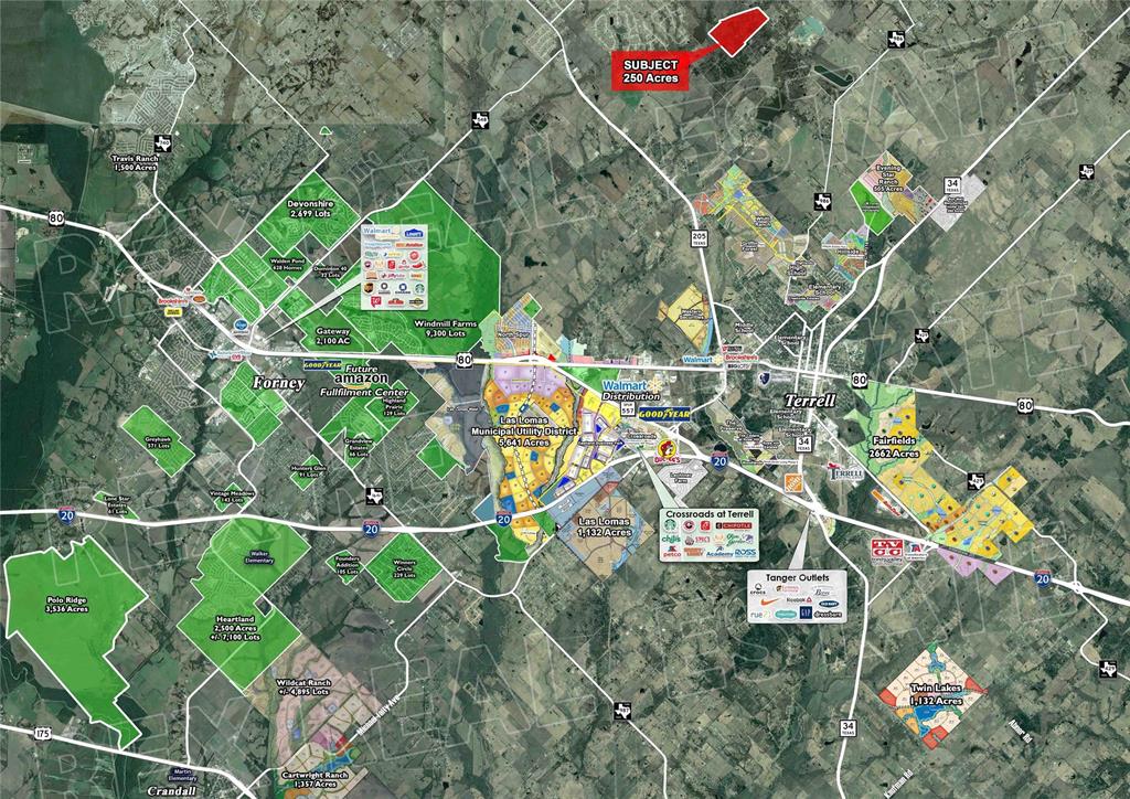 Approximately 250 Acres available with frontage along County Road 255.
Northwest Quadrant of CR 255 & CR 243 in Terrell.
Easy Access to Highway 205 and U.S. 80.
Easy Access to Terrell Municipal Airport and Tanger Outlets.
Easy Access to multiple new master-planned developments in Terrell.