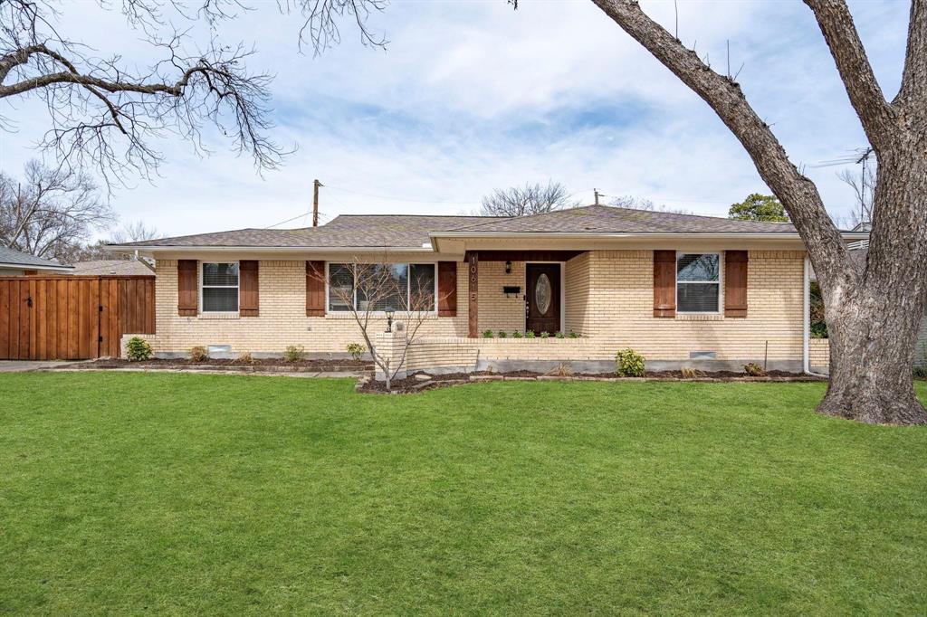 Charming single-story, three-bedroom home in Lake Highlands! The spacious living room features rich hardwood floors and flows seamlessly into the dining area, creating a warm and inviting space. The kitchen is beautifully updated with pristine white cabinetry, granite countertops, a tumbled stone backsplash, and stainless steel appliances, including a gas cooktop. A cozy breakfast nook, perfect for an L-shaped table, adds to the home's charm. Throughout the home, light gray walls complement crisp white crown molding for a fresh and modern feel. The spacious primary suite boasts a completely updated en-suite bath with a custom vanity, a glass-enclosed shower, and easy-to-maintain tile floors. A generously sized guest bedroom and a second full bath provide comfort for family and visitors. A secondary living room offers additional flexibility, with French doors leading to a light-filled private study or a potential third guest bedroom. Step outside to a fantastic backyard, featuring a large open patio, a covered seating area, a detached two-car garage, and a well-sized grassy yard—perfect for relaxing or entertaining.