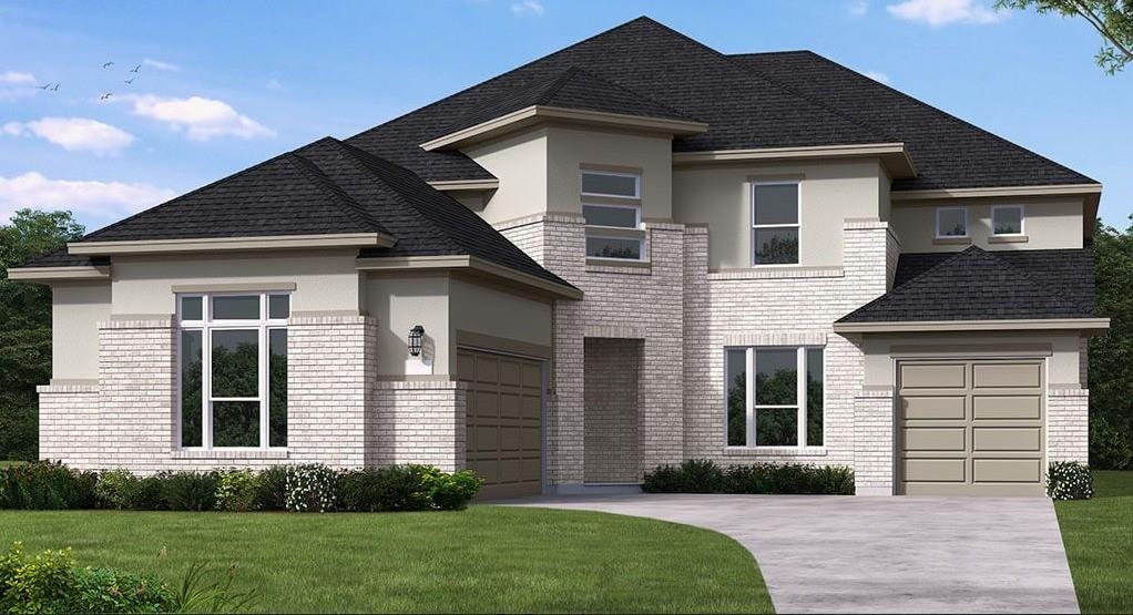 MLS# 21207446 - Built by Coventry Homes - Dec 27 2026 completion! ~ Stunning 5BR, 4.5BA home with 3-car garage features a dramatic curved staircase leading to balconies overlooking the bright, open family room. Imagine cozy nights by the living room fireplace with tile-to-ceiling detail or relaxing in the main-floor primary suite with a freestanding tub. The gourmet kitchen is perfect for entertaining with a single bowl sink, trash drawer in the island, pot-pan drawers under the cooktop, and a butler’s pantry with wine rack. Enjoy movie nights in the Dolby 7.1 media room, plus a guest suite downstairs and an ensuite bedroom upstairs for family or visitors.