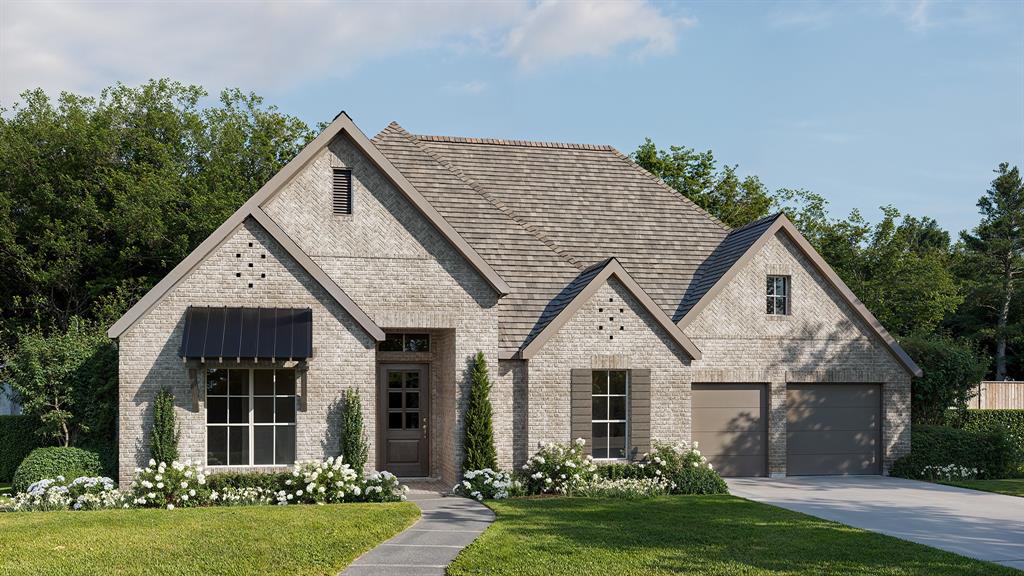 Welcoming entry with 12-foot ceilings flows to the family room, dining area and kitchen. Open family room with a wood mantel fireplace and sliding glass doors. Island kitchen with built-in seating space, a 5-burner gas cooktop, butler's pantry and corner walk-in pantry. Home office with French doors just off the open floor dining area. Private primary suite offers 13-foot coffered ceiling, double door entry to bathroom, dual vanities, a freestanding tub, spacious glass enclosed shower, and a walk-in closet with private access to the utility room. Half bathroom just off the game room with 13-foot coffered ceiling near rear of home with additional storage area. Guest suite with full bathroom and walk-in closet. Additional bedrooms with walk-in closets and a Hollywood bathroom complete this generous design. Covered backyard patio. Mud room with closet just off the three-car garage.