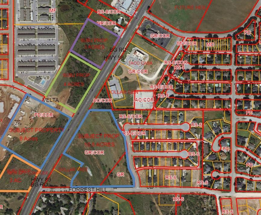On the SE Quadrant of Buffalo Gap Rd & Forrest Hill.  It is planned for a 38,000sf Retail Center and additional .75 ac Pad Site on Forrest Hill (See attached Site Plan) but can be divided into development tracts as desired.  Zoned with all utilities in place including detention.  3.8 Acres out of the Floodway for development as shown on the plan with some of the Floodway used for parking or drives.  It is all of the land to the north and east of the Dollar Tree or Tract 3 & 4 per the site plan.