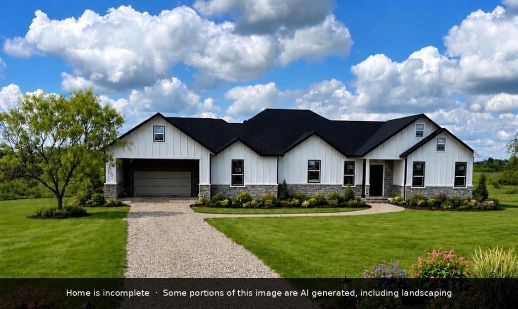 Brand new modern farmhouse on 2 acres in Poolville, TX (Parker County, 76487). Forty-five minutes west of Fort Worth, where the night sky still has stars and the closest neighbor is a fence line away. M&A Builders delivers a clean, current take on the Texas farmhouse: board-and-batten siding, stone accents at the base, dark architectural shingle roof, and three center dormers that anchor the front elevation. Inside, kitchen, dining, and living roll into one great room with LVP flooring, designer lighting, and a feature fireplace wrapped in vertical cedar slats and tile. The primary suite sits on its own wing with a walk-in closet and private bath. Two secondary bedrooms share a full bath on the opposite side. Walk-in pantry, dedicated laundry, covered front porch, and attached 2-car garage round out the layout. Poolville sits 15 minutes northwest of Weatherford, with easy reach to west Fort Worth, Alliance Town Center, and Eagle Mountain Lake. Acreage, sky, and quiet.. Burgers, ballparks, and a Costco runs when you want them. Want this one? It's available now. Want something different? Buyers can pick their own 2-acre lot in Parker County and build from any of M&A Builders' 14 Heritage Collection floor plans.