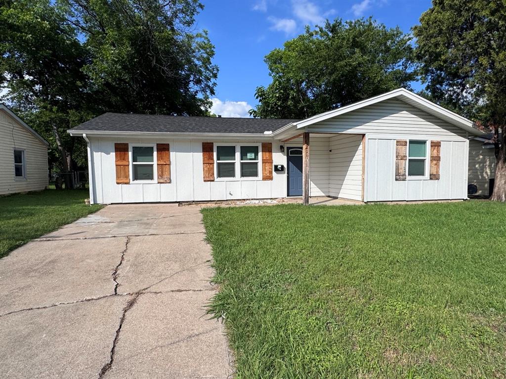Great price for this single-story wood-siding home featuring a large backyard, a spacious-open floor plan, 3 bedrooms and 1 bath. The kitchen offers white quartz countertops, a large center island, stainless steel appliances.  Dining area measurements were taken from the open area adjacent to the utility area due to the open-concept floor plan.  Brand new carpet was installed in all bedrooms in May 2026. Conveniently located within 1-3 miles from shopping, dining, schools, and major highways. All measurements, square footage, and school information are approximate and should be independently verified. Property is owned by the Secretary of Veterans Affairs and is being sold AS-IS.