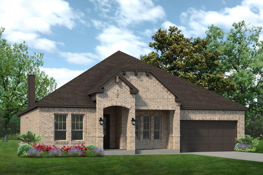 MLS# 21316425 - Built by Sandlin Homes - August 2026 completion ~ The Bellaire floor plan with 4 bedrooms, 3 bathrooms, a study, mudroom bench with storage, and beamed ceilings in the living area. The kitchen includes 3cm quartz countertops, a single bowl stainless steel sink, stained cabinets and moody green cabinets at the kitchen island and oven tower, trash can pull out drawer, a wood hood vent, and satin brass hardware.