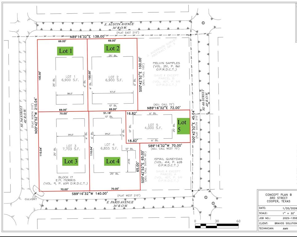 Property is a cleared city lot in Cooper, Tx.  Water and sewer are at road.  5 lots are available on this Block 17.  This is the SW corner of Block 17. 
Lovely quiet area of Cooper.