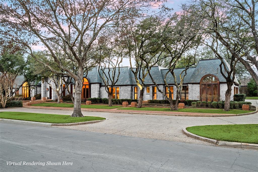 This stately custom-built one level home with high ceilings lives expansively on a 280-ft wide lot in the prestigious Mayflower Estates neighborhood of Old Preston Hollow. No expense was spared during the multi-year construction keynoted by quartersawn oak floors replicated to match the Palace of Versailles. A commanding great room (31 x 24 ft) with soaring ceilings is adjacent a wet bar lounge area, an spacious dining room and handsome study. The kitchen opens to a circular breakfast area that overlooks the rear grounds and pool. The incredible primary suite features tall ceilings, dual bathrooms and large walk-in closets. Three more generously proportioned en suite bedrooms all have beautiful hardwoods and walk-in closets. A second living area has an attached full bath, so it could function as a fifth bedroom or game room. Parking is plentiful with an oversized 3-car garage and circle drive. $85K of roof work just completed by Park Cities Roof & Repair with transferrable warranty.