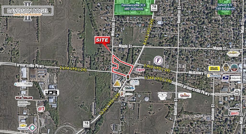 This 3.4-acre commercial property in Farmersville, Texas offers a prime opportunity for development, positioned on a highly visible hard corner. The site is minutes away from both US 380 and downtown Farmersville and just north of the future US 380 realignment. This site is ideally suited for a variety of commercial uses, particularly a fuel or convenience store user. Both water and sewer are available to site.