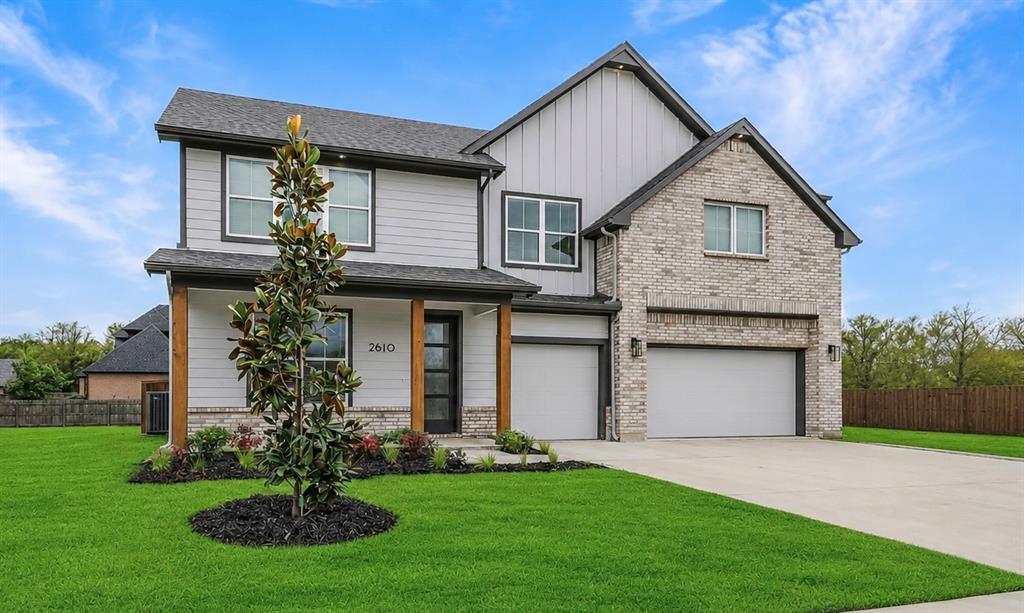 The Preston Trail Homes Brazos plan’s family-oriented layout is designed to maximize livability. This 3-bedroom, 2.5-bathroom home is in the desirable Laurel Creek community. Thoughtfully designed with comfort and functionality in mind, this residence offers an open floor plan, upgraded modern finishes, and plenty of room to grow. Step onto the charming covered front porch and into a light-filled interior featuring recessed lighting throughout. The spacious living room centers around a linear electric fireplace with upgraded tile finished to the ceiling and perfect for cozy evenings. The gourmet kitchen boasts a large eat at island, a walk-in pantry, and upgraded quartz countertops. The primary suite is a true retreat, offering a private ensuite bathroom with a dual-sink vanity, a large walk-in shower, and a generously sized walk-in closet. The laundry room accommodates a full-size stackable washer and dryer, along with cabinets and a quartz countertop. The study with 2 closets is located downstairs, ideal for remote work or a guest space. Upstairs, includes a second family gathering area with 2 storage closets, two secondary bedrooms, each with their own walk-in closets, and a full bathroom with dual sinks and a tub shower combo. Enjoy outdoor living year-round on the covered back patio, with gas stub out and take advantage of the ample parking and storage in the 3-FULLSIZE CAR GARAGE and driveway.