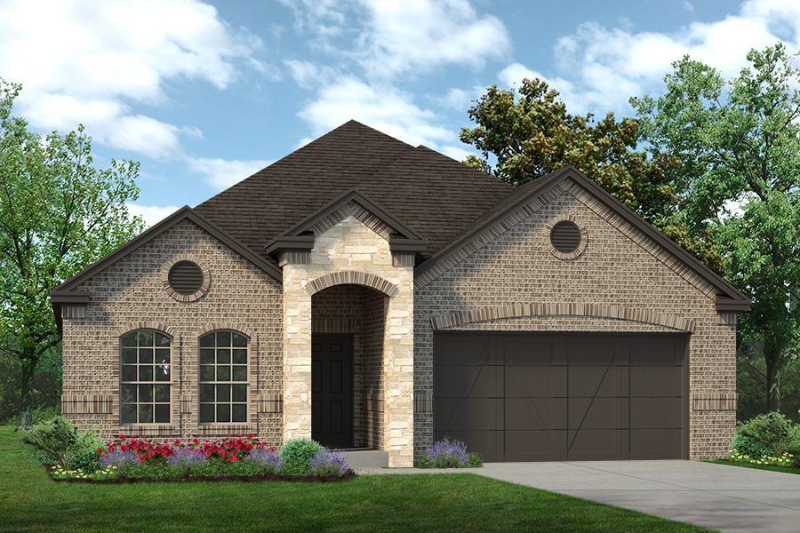MLS# 21312053 - Built by Sandlin Homes - Aug 2026 completion! ~ Traditional-style single-family residence in Country Lakes, estimated completion 8-31-2026. 2,075 sq ft with 3 primary bedrooms, 2 full baths, living room fireplace, and 2-car garage. Interior features include the study with built-ins, extended covered patio and the open living area with a fireplace in the living room. Kitchen highlights include 3cm quartzite countertops, stained cabinets on the lower cabinets and moody green painted cabinets on the upper cabinets, and gold fixtures throughout the home.