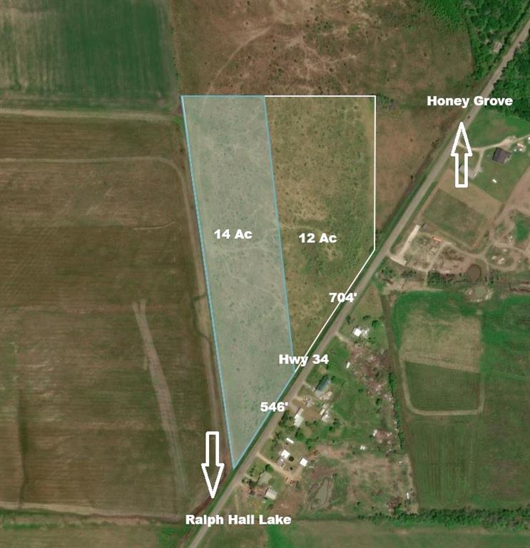 This Property has a ton of potential being half way between Ralph Hall Lake and Honey Grove Texas. Great opportunity for commercial or Home Site or even Multiple Home Sites. Slightly sloping topography with many small trees scattered waiting to grow and make this a beautiful tract no matter what you do. Also for sell is a 12ac tract just to the north, buy both and double your fun.