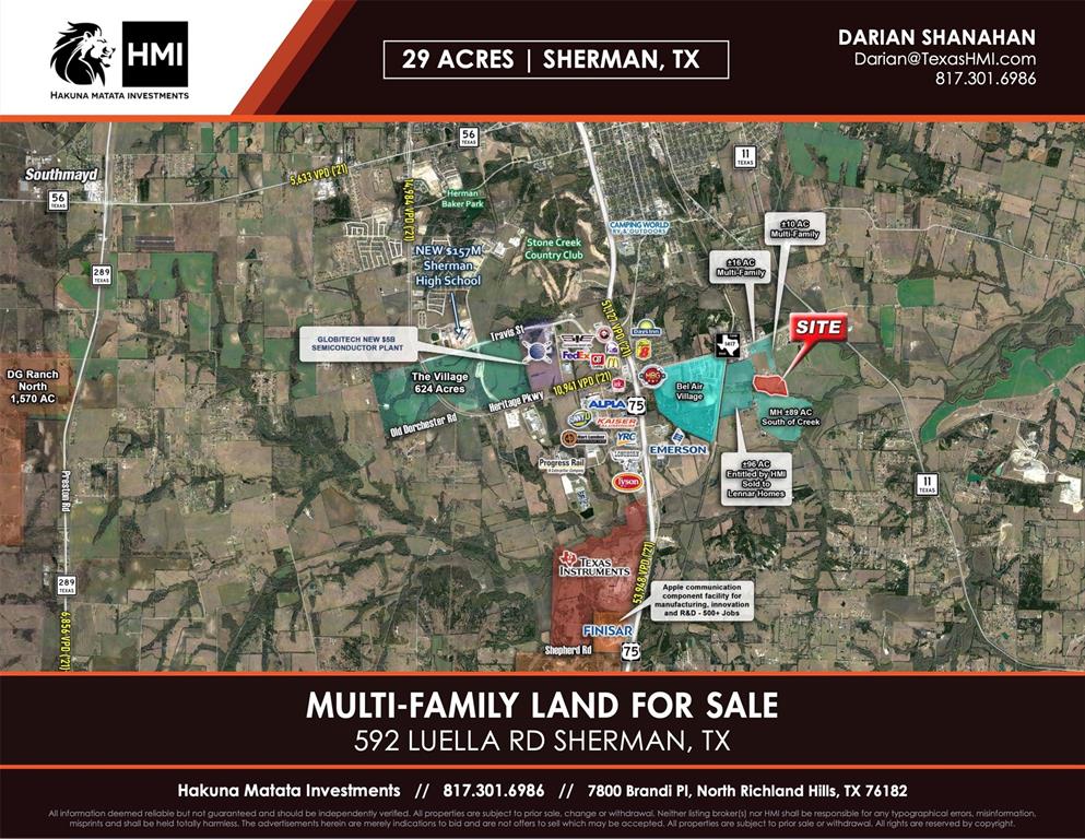 1500 feet from the Billion Dollar Bel Air Lagoon Development!!  County property with City Utilities (water and Sewer).  located in the hot market of Sherman Texas.  This property sits in the middle of major upcoming development with Lennar building next door (400 plus single family units), Multi Family coming across the street in both directions.  This property is a great opportunity for either Multi Family (300 plus units) or Mini Storage facility.  Again, No City oversight yet the property has City water and City Sewer.  Purchase would include all 29 acres.  Agent is co-owner of the property.