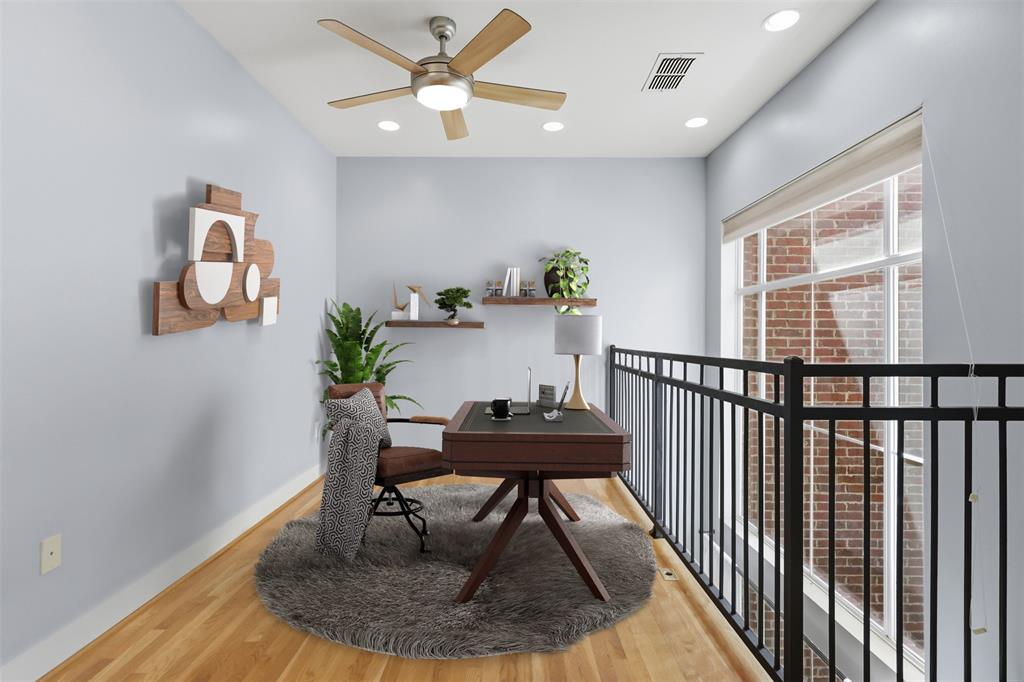 Located on treelined streets in Oaklawn, lies this tri-level 2 bed,2 and a half bath condo w fenced in front yard.   The serenity of privacy will surround you with the view of trees from the windows at each level.  Downstairs is the second bedroom with ensuite bath while the hub of entertaining is found on the second floor with an open kitchen overlooking the main living space. Beautiful hardwood floors are found throughout with floor to ceiling windows bathing the room with natural light. The kitchen comes with SS appliances and an island that holds a gas cooktop & grill where culinary delights are sure to be made next to the large balcony, which is the perfect space to unwind. Floating stairs will take you to a loft area with a large picture window overlooking beautiful trees, perfect for an office or sitting area.  Here you will also find the utility room & primary bedroom, w its own private balcony and en suite bath with double vanity, walk in shower and soaker tub leading to the walk-in closet.  The 2-car garage comes with a much-needed charging station for an electric vehicle.  Walking the treed streets to Starbucks or to grab dinner, you will feel the peace that only comes with nature.