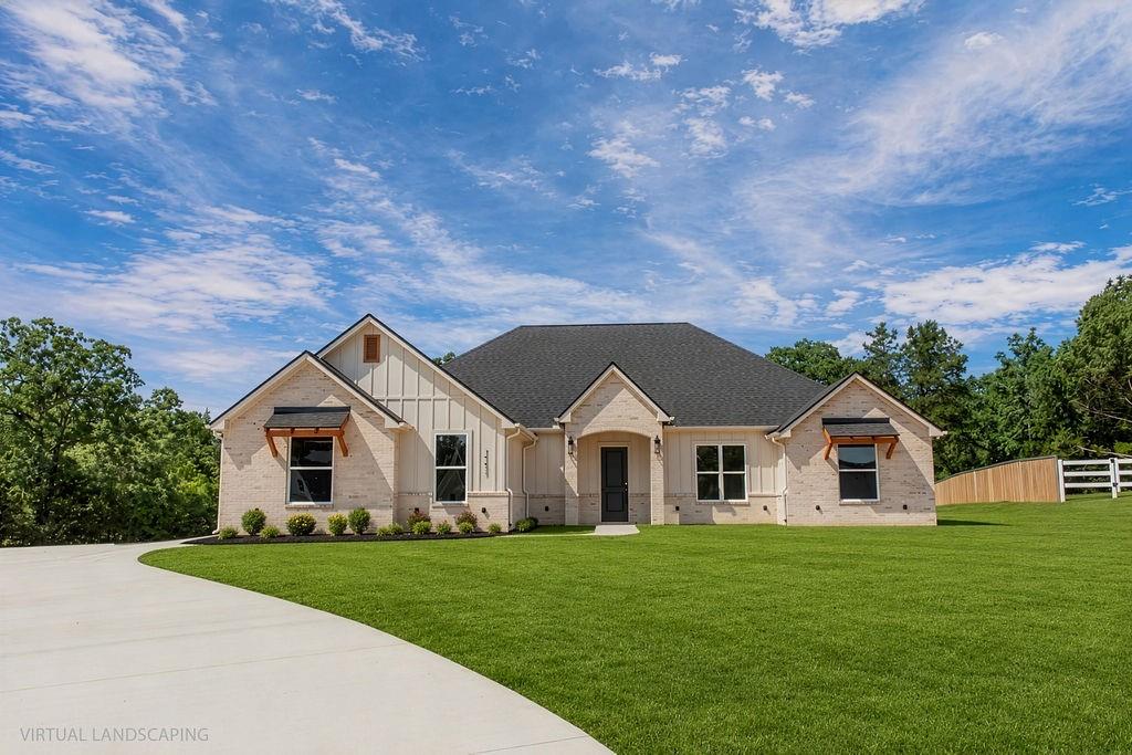 Located in Lindale, this newly built home offers a spacious open layout, quality finishes and a private backyard setting on approximately 0.8 acres. Inside, you'll find tall ceilings, abundant natural light, detailed trim work, wood accents and a floor to ceiling white brick fireplace. The kitchen features quartzite countertops, a large island, ample cabinet space, and blue tile backsplash. The primary suite includes dual vanities, a walk-in shower, and generous storage. Step outside to a covered patio with a stained wood ceiling overlooking the backyard and a heavily wooded backdrop. Situated on a 0.8-acre lot that backs to a large tract of trees, this property offers a sense of privacy and a peaceful setting while remaining close to everything Lindale has to offer. Thoughtfully designed with both comfort and functionality in mind, this home is ready for its first owner.