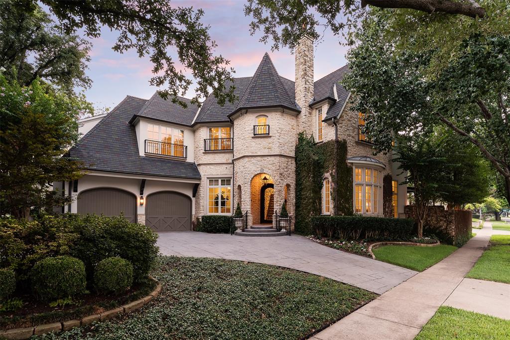 This recently refreshed property built by Goff Custom Homes perched on a 67' wide corner lot in Highland Park offers timeless architecture and a commanding presence. Impressive drive-up with front circle drive and beautiful landscaping leads to foyer entry flanked by split formal dining and living areas and a library. Gourmet island kitchen with natural stone counters, gas range, stainless appliances.  Large great room with antique beamed ceiling and fireplace is open to the breakfast area and has views of the pool. Screened loggia with wood burning fireplace opens to the backyard, pool and glass covered patio with cooking area. Master suite with sitting area, fireplace, marble master bathroom and large closet.