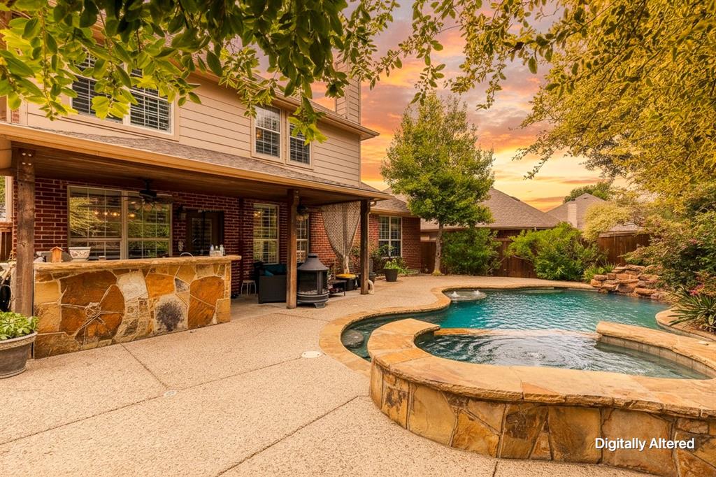 Tucked within the sought-after Craig Ranch North and zoned to Frisco ISD, this home offers the perfect balance of comfortable everyday living and unforgettable outdoor entertaining. Inside, a functional floor plan offers the flexibility to fit every stage of life. The primary suite is conveniently located on the first floor, creating a private retreat separate from the secondary bedrooms. Fresh interior paint, plantation shutters, natural light, and a warm, inviting layout make the home feel welcoming from the moment you step inside. The living room centers around a gas fireplace and flows into the kitchen and breakfast area, creating an ideal space for both daily life and entertaining. The kitchen features gas cooking, while a formal dining room with crown molding offers versatility for gatherings, celebrations, or a dedicated home office. The garage is wire-ready for an EV charger, offering added convenience for today's lifestyle. Upstairs, two secondary bedrooms, a full bath, and an oversized game room provide the flexibility for a variety of living needs. Outside is where this home truly shines. Framed by palm trees and tropical landscaping, the backyard was designed for making memories. Enjoy warm Texas afternoons in the pool and spa, relax beneath the cabana-style covered patio, or gather for backyard barbecues and celebrations. It's the kind of space that invites you to slow down, stay awhile, and make the most of every season. Residents of Craig Ranch North enjoy access to two community pools, a playground, scenic ponds and water features, and more than 12 acres of parks and greenbelt space. Conveniently located near Adriatica Village, Historic Downtown McKinney, shopping, dining, golf, and major commuter routes, you'll enjoy close proximity to everything that makes this area one of McKinney's most desirable places to call home. If you've been searching for a home that offers flexible living spaces and a backyard worth staying home for, you've found it.