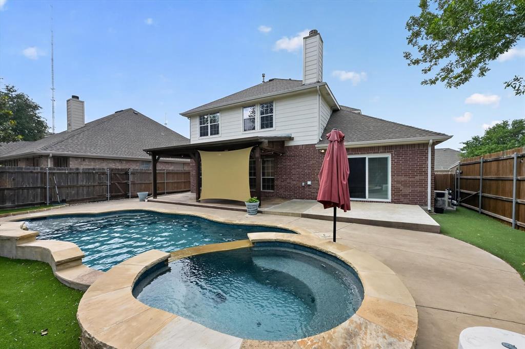 Exceptional and renovated Craig Ranch home that has a dream backyard with pool and spa! FRISCO ISD! This home boasts an updated kitchen with new SS appliances, painted cabinets, backsplash, sink, and more. Beautiful brick fireplace, wrought iron front door, new LVP flooring, new luxury carpets upstairs, updated staircase and railing, and updated full size laundry room. Primary Bedroom has an added sliding glass door to the outdoor living area and the primary bath features a BRAND new tub, seamless shower, tile, and updated vanity. Backyard features a pool and spa, extended patio, and zero maintenance turf that is pet friendly. Stackable washer and dryer to stay. Live the dream in Craig Ranch that is surrounded by a TPC golf course, jogging and walking trails, community pools, dog parks, and playgrounds! Minutes from popular District 121, shopping, restaurants Hwy 121, and Hwy 75! Roof 2022, HVAC 2022 and 2024! Please see Updates and Feature Sheet.