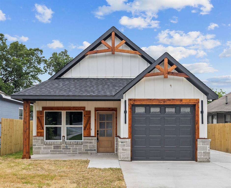 Beautiful new construction home featuring an open-concept design with soaring vaulted ceilings, exposed wood beams, and designer finishes throughout. The spacious living area centers around a sleek electric fireplace and flows seamlessly into the stunning kitchen complete with custom cabinetry, quartz countertops, a large waterfall island, and walk-in pantry. The private primary suite offers a spa-inspired bathroom with a walk-in shower, soaking tub, dual vanities, and an oversized custom closet. Enjoy luxury flooring, decorative accents, abundant natural light, and a covered back patio overlooking the large fenced backyard. Conveniently located with easy access to I-35 and Loop 820, shopping, dining, this home combines modern style with everyday comfort. Don’t miss this exceptional new build!