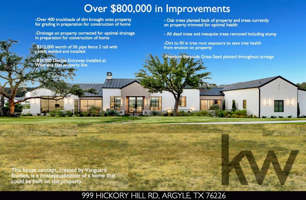 Beautiful treed land in the heart of the most desirable area of Argyle!  Over 400 truckloads of dirt brought onto property for grading and drainage was corrected on the property for optimal drainage flow to prepare site for building.  All mesquite trees & ailing trees removed with the root ball.  All remaining trees were trimmed.  $312,000 of pipe fencing installed & $35,000 double entry at each end of land installed.  Over $800,000 of improvements have been completed on the property.  There is currently an agricultural exemption in place for beekeeping on all 11.036 acres.  Property taxes are currently $14 per year.  Hilltop Elementary is 1.8 miles, Argyle Middle School is 2.5 miles, Argyle High School 5.3 miles and Liberty Christian School is 4 miles away!!!  Come build your dream home and create the lifestyle you have been longing for in the heart of Argyle.