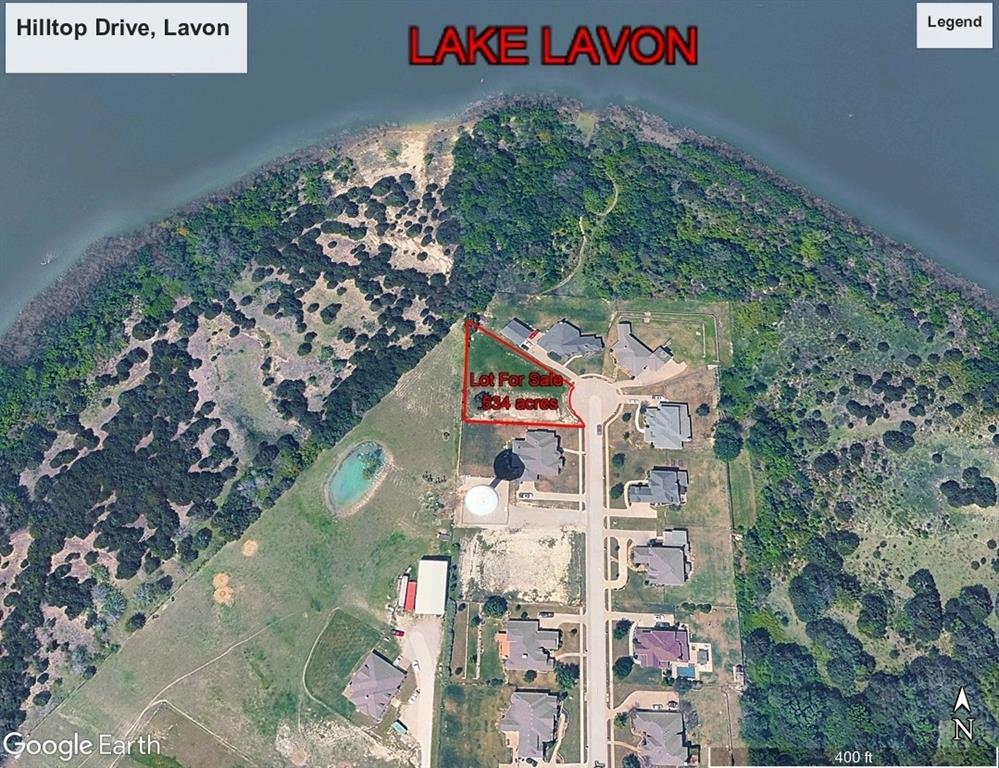 PRICE REDUCED - NOW $15,000 LESS THAN APPRAISED VALUE!  THIS IS THE LOT AND NEIGHBORHOOD you've been seeking to build your beautiful dream home!  Only 20 gorgeous homes are in this exclusive, private lakeside community, with deed-restricted half acre lots to ensure your investment will be protected.  This pie-shaped .53 acre lot for sale is at the end of the cul-de-sac street and faces east, with views of Lake Lavon across the street.  You'll love the lot shape and size for adding a detached garage or shop.  Less than two miles to Lavonia Park boat ramp and park, and an easy drive into town makes this a superior location for those not wanting the cookie cutter neighborhood.  And when you drive in on Hilltop Drive and view the neighboring homes, you'll know you finally found your lot!  HURRY... this is a rare find!