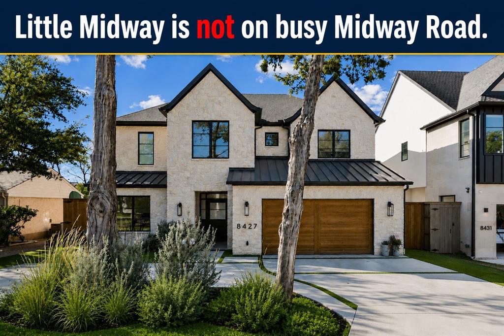 ATTENTION: THIS IS NOT LOCATED ON BUSY MIDWAY ROAD.  Please map it.
Little Midway is a quiet, tree-covered street in the Cresthaven development of Bluffview. Just two years old this home blends timeless design with modern luxury and exceptional functionality. Offering four bedrooms, all with ensuite baths and huge walk in closets, and four and a half baths, the thoughtfully designed floor plan features a serene first-floor primary suite with a spa-like bath, oversized closet, and a convenient secondary utility room. White oak floors flow throughout the home, complemented by current neutral paint, automatic shades, and an abundance of natural light streaming through expansive windows.

Designed for both everyday living and entertaining, the home includes an office, a media room, a large playroom, and an upstairs built-in office or craft space. Storage is exceptional, with two massive storage rooms, large walk-in closets in every bedroom, and additional storage closets throughout. The two-car garage is equipped with dual EV chargers, and an additional front parking pad adds everyday convenience.

Outdoor living is equally impressive, with turfed front and back yards including a putting green, a covered outdoor living area, and extended backyard patios—perfect for relaxing or hosting gatherings. Plenty of room for pool or play.  Ideally located just five minutes from Dallas Love Field, with easy access to the Dallas North Tollway and downtown, and close to premier shopping and dining at Inwood Village, Preston Center, and Central Market, this home offers luxury living in one of Dallas’s most desirable neighborhoods.

Additional features include: Lutron lighting; Foam insulation; 2 bonus rooms that could serve as workout room, craft room, multiple offices, storage, etc..; 2 utility rooms, wet bar with built in ice maker and beverage fridge and disappearing auto shades covering every window.