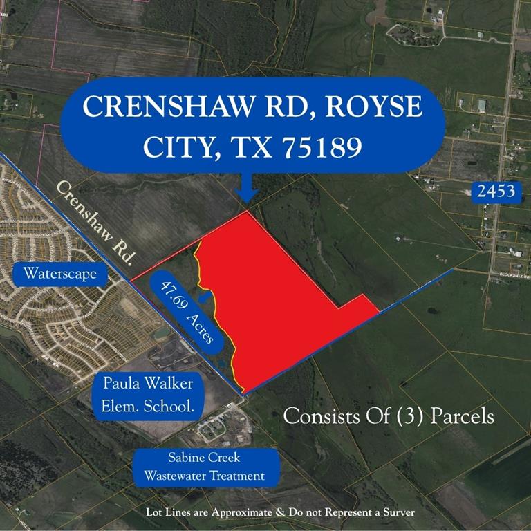Discover an exceptional opportunity to own 47.69+-acres of prime land in the thriving growth corridor of Royse City, Rockwall County.  This 47.69+- acres is to be surveyed out of 191.205 acres and offers 2,980.41' (+-) of road frontage on Crenshaw Road. This exceptional tract offers unmatched visibility, accessibility, and versatility for development or investment.  A standout feature of this 47.69+- acres is that it lies outside of the floodplain, providing an ideal footprint for residential, multi-family, or commercial development. The property is equipped with city sewer and water access, while remaining outside the city limits but within Royse City’s ETJ, offering flexibility for planning and future growth potential. This land has been held by the Crenshaw family since the early 1900's, presenting a rare opportunity to acquire a legacy property in a rapidly expanding area. Surrounded by booming residential communities such as Waterscape and Bahamas Laguna Azure, to name a few, the property is positioned in the path of progress, with strong demand driven by continued population growth. Located just minutes from Interstate 30, development within the area is flourishing. Retail, restaurants, and medical all within close proximity further enhancing the area's appeal. Crenshaw Road is already improved with concrete from FM 548 to just past Paula Walker Elementary, which sits directly across from the property. Additionally, Royse City has plans for a future realignment of Crenshaw Road, including a new bridge east of Sabine Creek, further improving accessibility and long-term infrastructure. Whether you're looking to develop, invest, or create a premier ranch property, this tract offers scale, location, and future upside that is increasingly hard to find. Prime location. Exceptional potential. Rare opportunity!