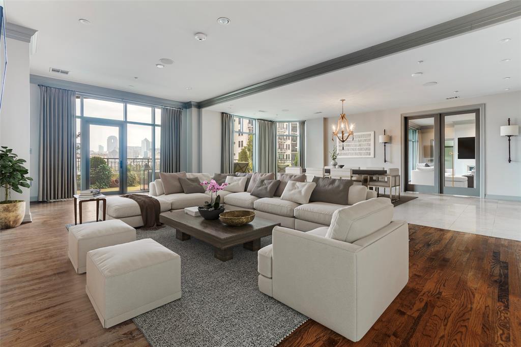 Beautiful Plaza II corner unit with breathtaking views of downtown Dallas. This residence offers 3,554 SF of interior living area plus an irrigated terrace of more than 1,000 SF — providing over 4,632 SF of total lifestyle space. Floor-to-ceiling windows, formal and informal living spaces, gourmet kitchen with adjacent catering kitchen, and library with built-ins and second fireplace. Primary suite offers his-and-her baths, garden tub, separate shower, amazing custom closets, and large sunlit dressing area. Second bedroom has ensuite bath, steam shower, jetted tub, and large custom closet. One-of-a-kind private retreat in the city.

Notable: Three parking spaces (263, 264, 265). First right of refusal on lease of two additional parking spaces. Private storage unit (S-45).  See documents folder for additional square footage information.
