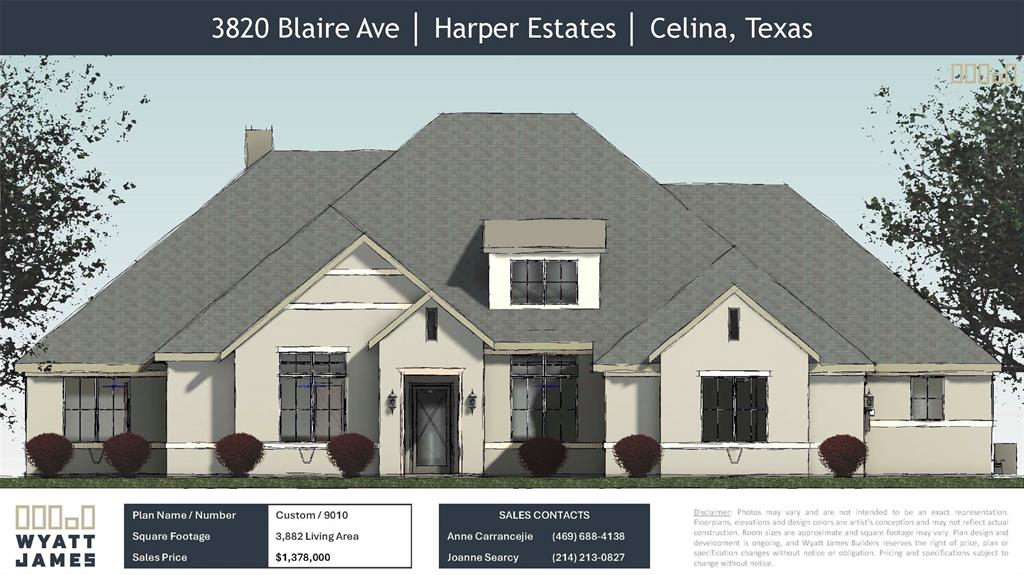 Come visit at our nearly completed model home at 911 Brinn Blvd to see a completed Wyatt James home! Stunning Wyatt James Builder UNDER CONSTRUCTION on acre lot in gated community! Estimated completion second quarter of 2026! Thoughtfully designed open concept plan. with spacious living area with Western Window System slider door providing expansive view to covered backyard and outdoor living area with fireplace. Chef inspired kitchen includes beautiful quartz countertops, large social island, custom built site finished cabinets, GE Monogram Appliance Collection including Gas cooktop. Plus separate Prep Kitchen, making entertaining effortless! All four bedrooms are en-suite, offering privacy for family and guests!. The large primary suite offers freestanding soaker tub, large full tile drop slab walk in shower, dual vanities, and a generous walk in closet. Also included in this plan are game room and private office off the entry! Lovely high end luxury finishes throughout including beautiful nail down site finished white oak hardwood flooring in the living areas, primary bedroom, halls and study plus quartz in all baths! Quality construction includes Anderson Windows, 8 foot solid core doors throughout, hardware, plumbing and lighting in modern black matte finish,Class 4 Impact Tilcor Metal Shingles with a 50 year warranty, Huber Zip System sheathing. Data drops in all bedrooms, living room, study, flex room, and patio areas, Full Foam Encapsulation insulation, full sod and irrigation and landscaping. Easy access to the Dallas North Tollway, historic downtown Celina, shopping and restaurants. Children will attend sought after Celina ISD Schools!