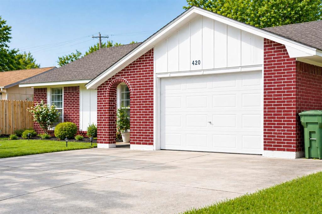 Wonderful 1 story home near schools and all the conveniences!  Laminate wood like flooring throughout most of home, tile floors in huge dining room.  Charming, bright kitchen has white cabinets & white appliances.  Spacious living area opens to dining & kitchen & has french doors, providing lots of natural light. Other amenities include sizeable bedrooms, private master bath,  large, partially covered patio & storage shed.
