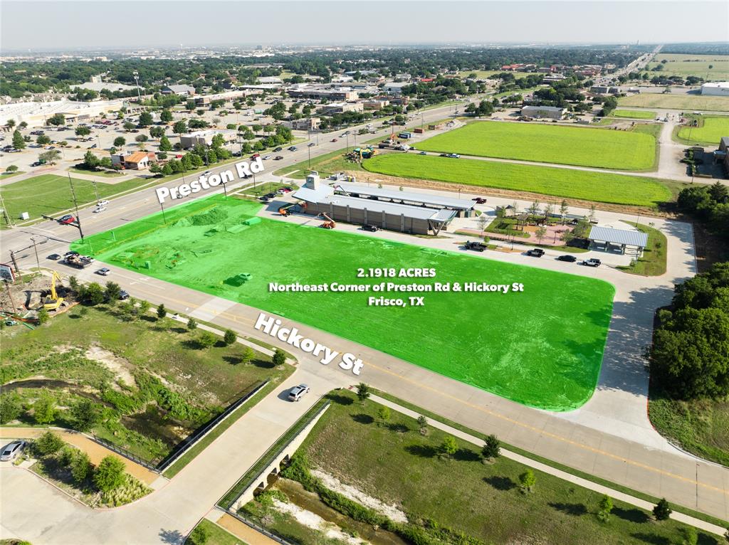 2.1918 acre cleared property in tremendous location at signalized northeast corner of Preston Rd and Hickory St in Frisco, 2.5 miles east of Dallas North Tollway and 3.6 miles north of Sam Rayburn Tollway. 700K of improvements have already been made to the lot, including fire lines, a deceleration lane from Preston, City Sewer, Water access, and storm detention. Traffic counts are 60,000+ cars per day at this intersection. Utility plan, paving plan, and recorded plat available.