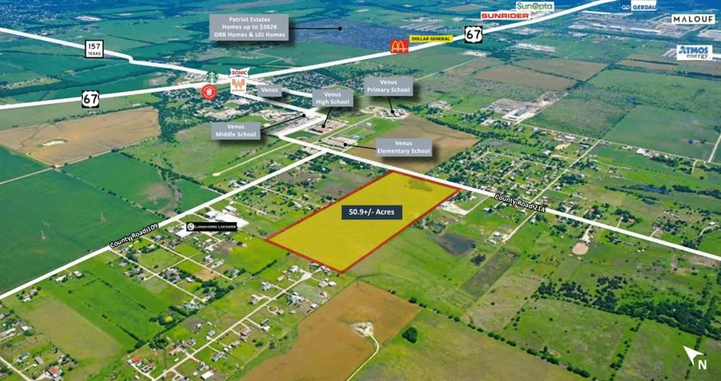 Vanguard Real Estate Advisors has been exclusively retained by Ownership to offer the opportunity to purchase a 50.9 acre development site located along County Road 214 in Venus, TX. Zoned Agricultural, the Site allows for the opportunity to rezone and develop to a Buyer's desired use.

The Site is located one mile south of Highway 67, the main east-west thoroughfare in the area which provides quick access to other major regional thoroughfares such as I-35 West. The Site is approximately 30 miles from both the Dallas and Fort Worth CBDs. Additionally, the Site is less than a mile south of downtown Venus and the entire Venus ISD school system.