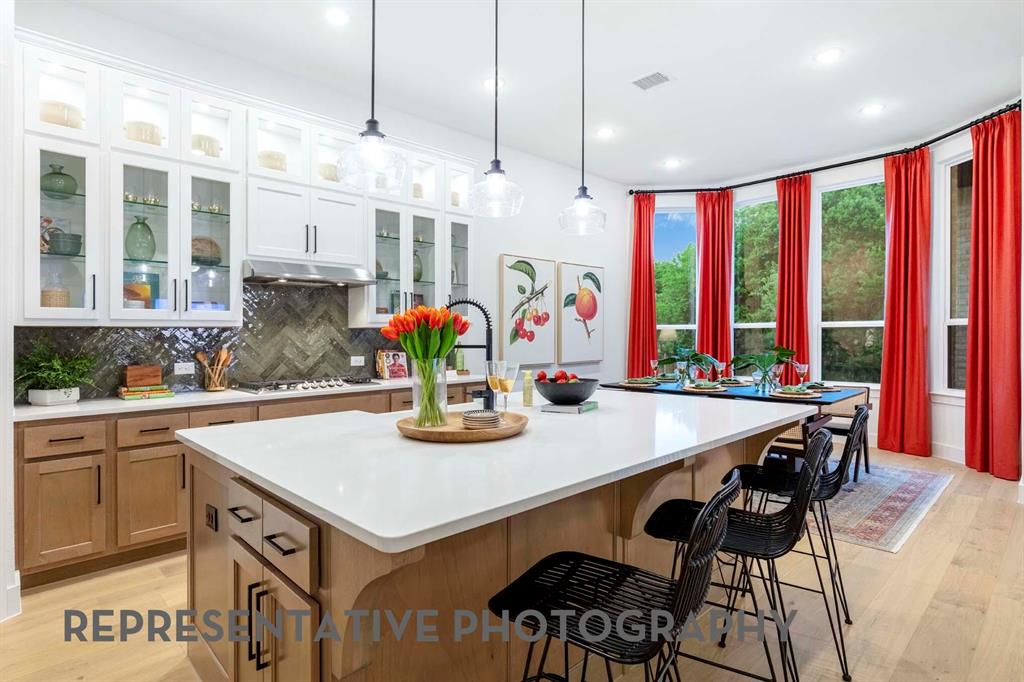 This beautiful one-story home offers over 2,700 sq. ft. of thoughtfully designed space. A striking modern exterior welcomes you with brick, black roof, covered front porch entry, and a stained cedar garage door. Inside, the open dining and family rooms boast 11-foot ceilings. a gas fireplace, additional living space and extended covered patio which accommodates private relaxation or large gatherings. The heart of the home impresses with a chef-inspired kitchen. Retreat to the secluded primary suite, offering a spa-like bath with a soaking tub, separate shower, dual sinks with vanity knee space, and a walk-in closet.