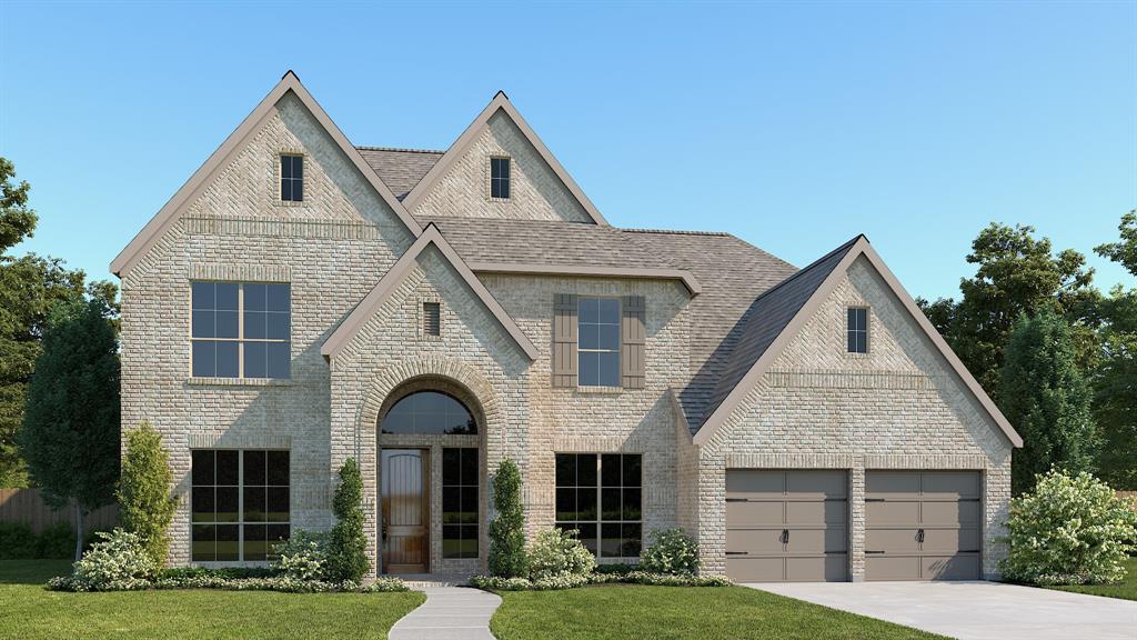 Curved staircase highlights two-story entry with hardwood floors that extend throughout the main living areas. Home office with French doors and formal dining room set at entry. Two-story family room with wall of windows and corner wood mantel fireplace opens to kitchen and morning area. Kitchen features 5-burner gas cooktop, double wall oven, walk-in pantry and island with built-in seating space. First-floor primary suite with wall of windows. Dual vanities, freestanding tub, separate glass-enclosed shower and two walk-in closets in primary bath. First-floor guest suite offers private bath. A game room, media room and three secondary bedrooms are upstairs. Extended covered backyard patio. Three-car garage.